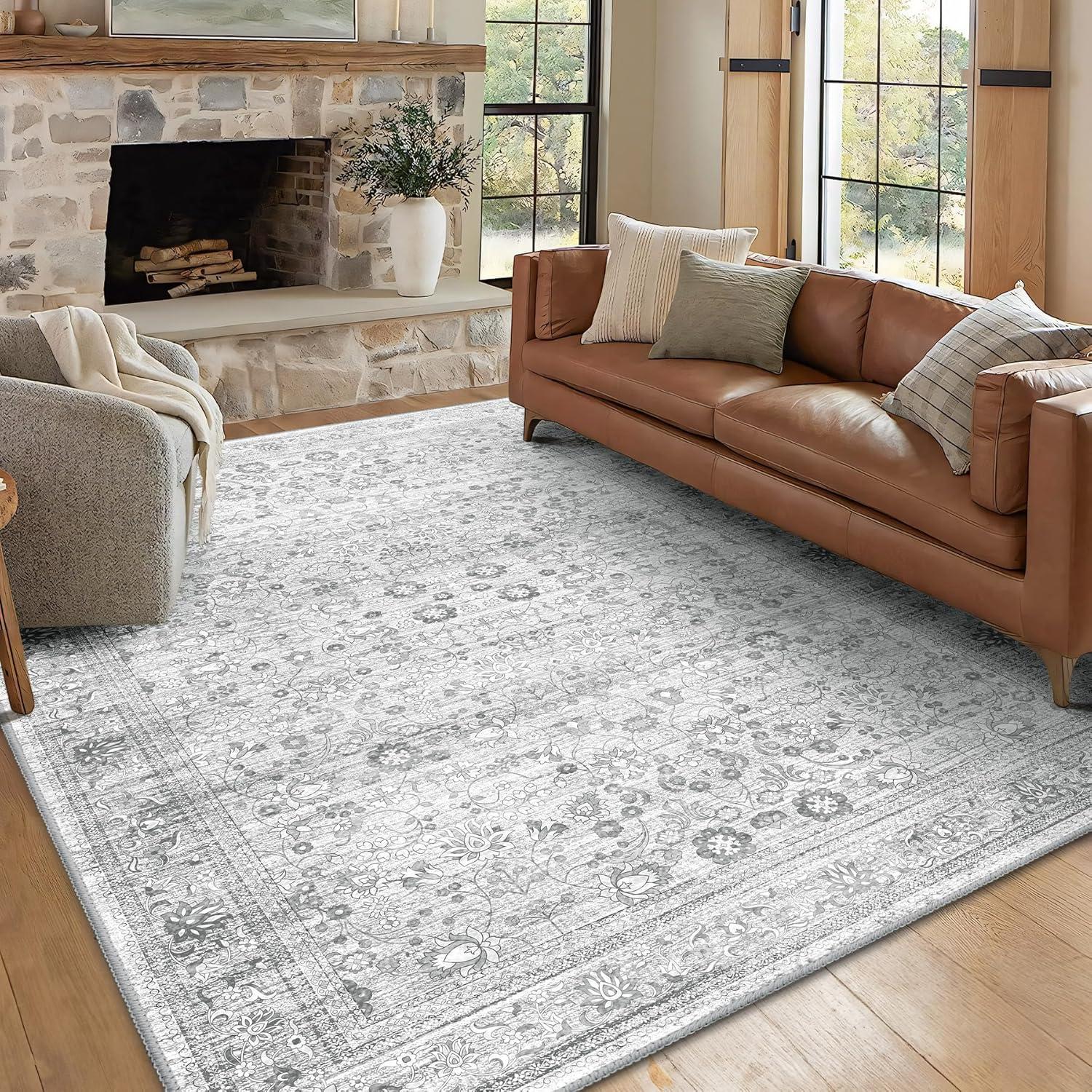 Haperlare Washable Living Room Rug Ultra Soft Rug Machine Washable Accent Rug Stain Resistant Ultra Thin Distressed Mats for Bedroom Living Room, 5' x 7' Gray