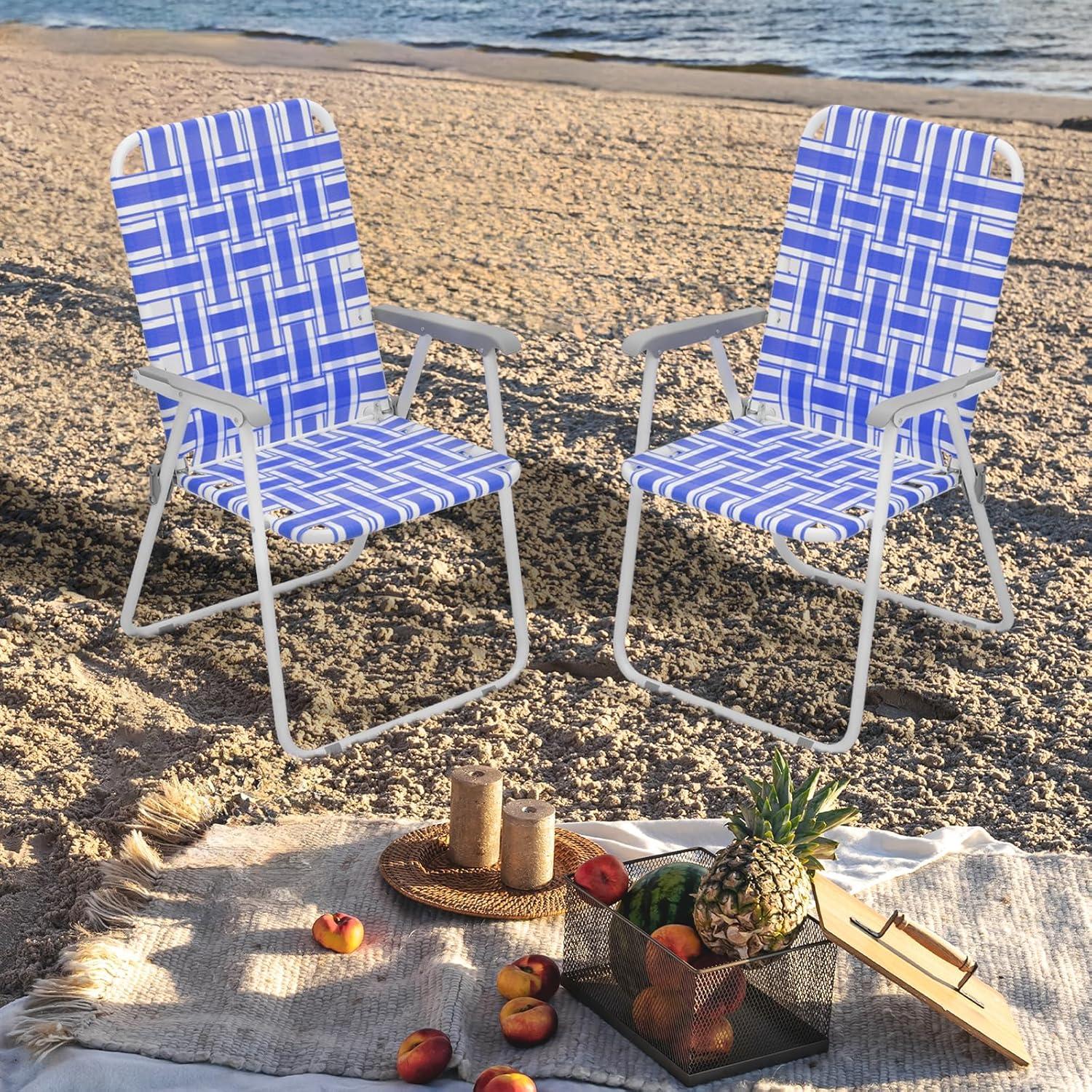 MoNiBloom Folding Webbed Beach Chairs Set of 2, Portable Camping Seats with Armrests, for Outdoor Patio Lawn, Blue