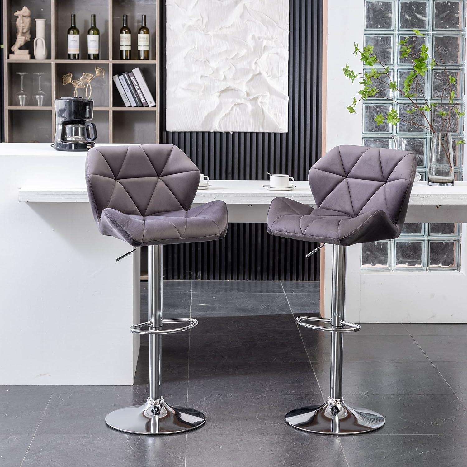 Gray Velvet Diamond Tufted Swivel Adjustable Barstools, Set of 2