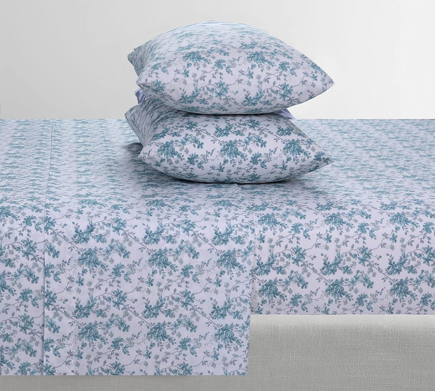 Feather & Stitch Softest 100% Cotton Sheets, 300 Thread Count Percale Weave Bedding, 16" Deep Pocket, Cooling Sheets, Breathable Bed Set, Hotel Premium Quality (Full, Blue Floral)