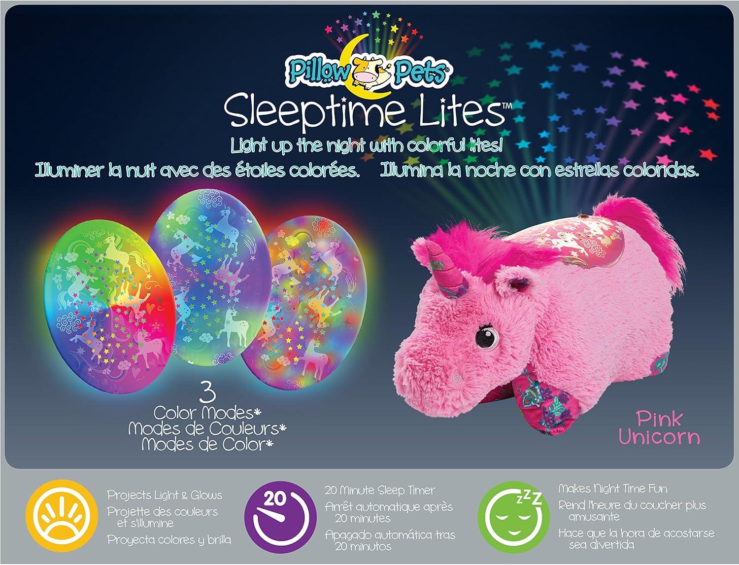 Pillow Pets 11" Pink Unicorn Plush Decorative Pillows, Projects Light & Glows