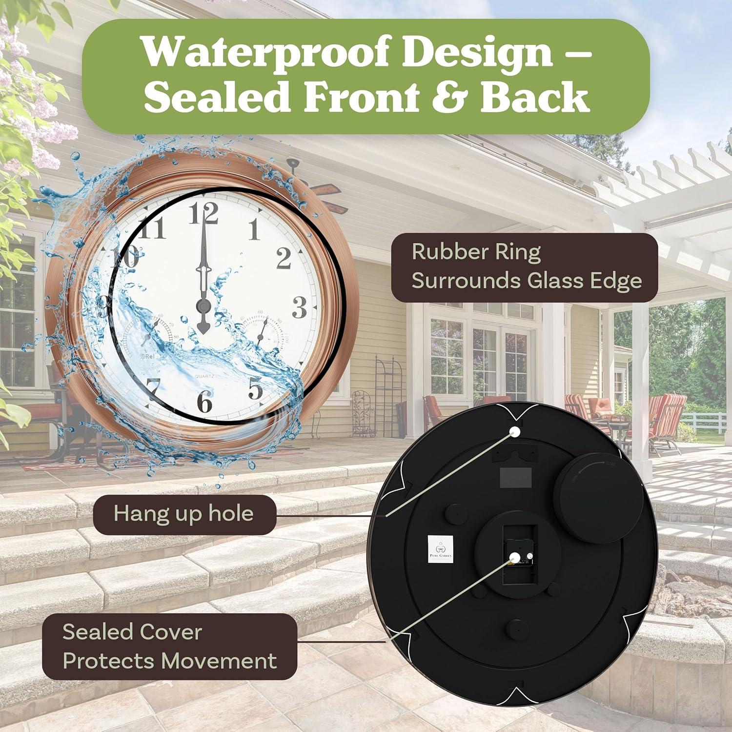 Pure Garden Indoor Outdoor Clock Thermometer Combo - 18-Inch Waterproof Outdoor Wall Clock with Temperature and Humidity by Pure Garden