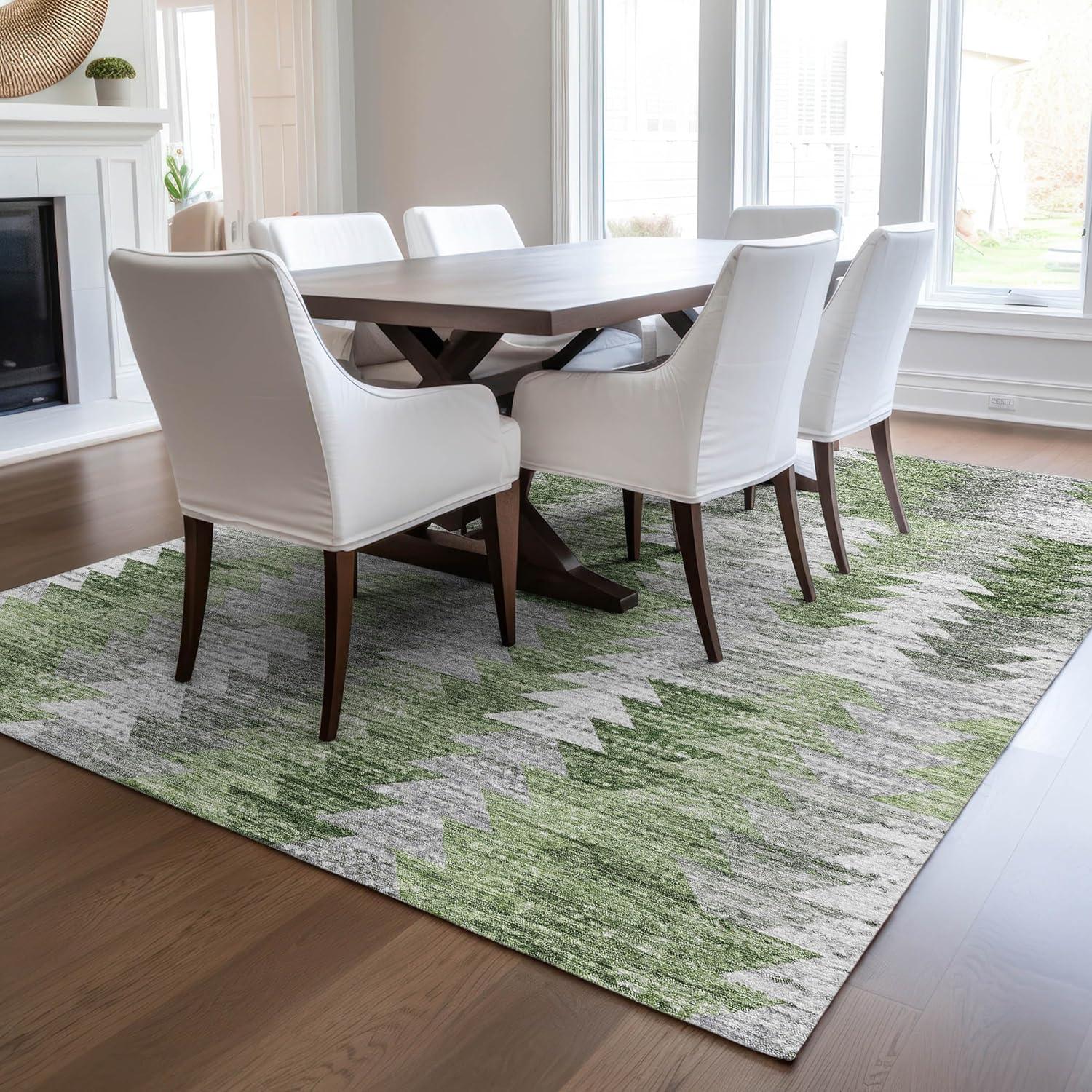 Green and Gray Rectangular Machine Washable Area Rug