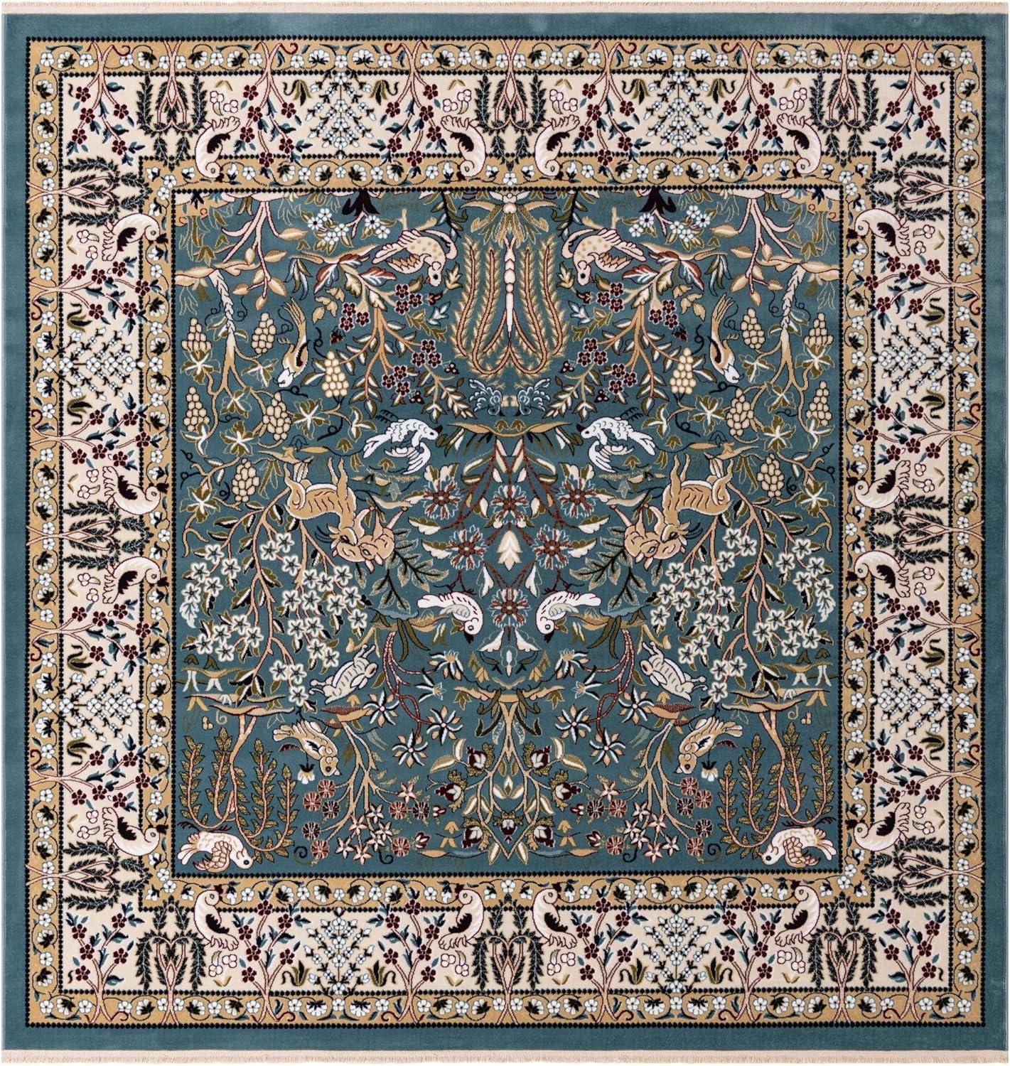 Blue and Beige Floral Square Synthetic Area Rug