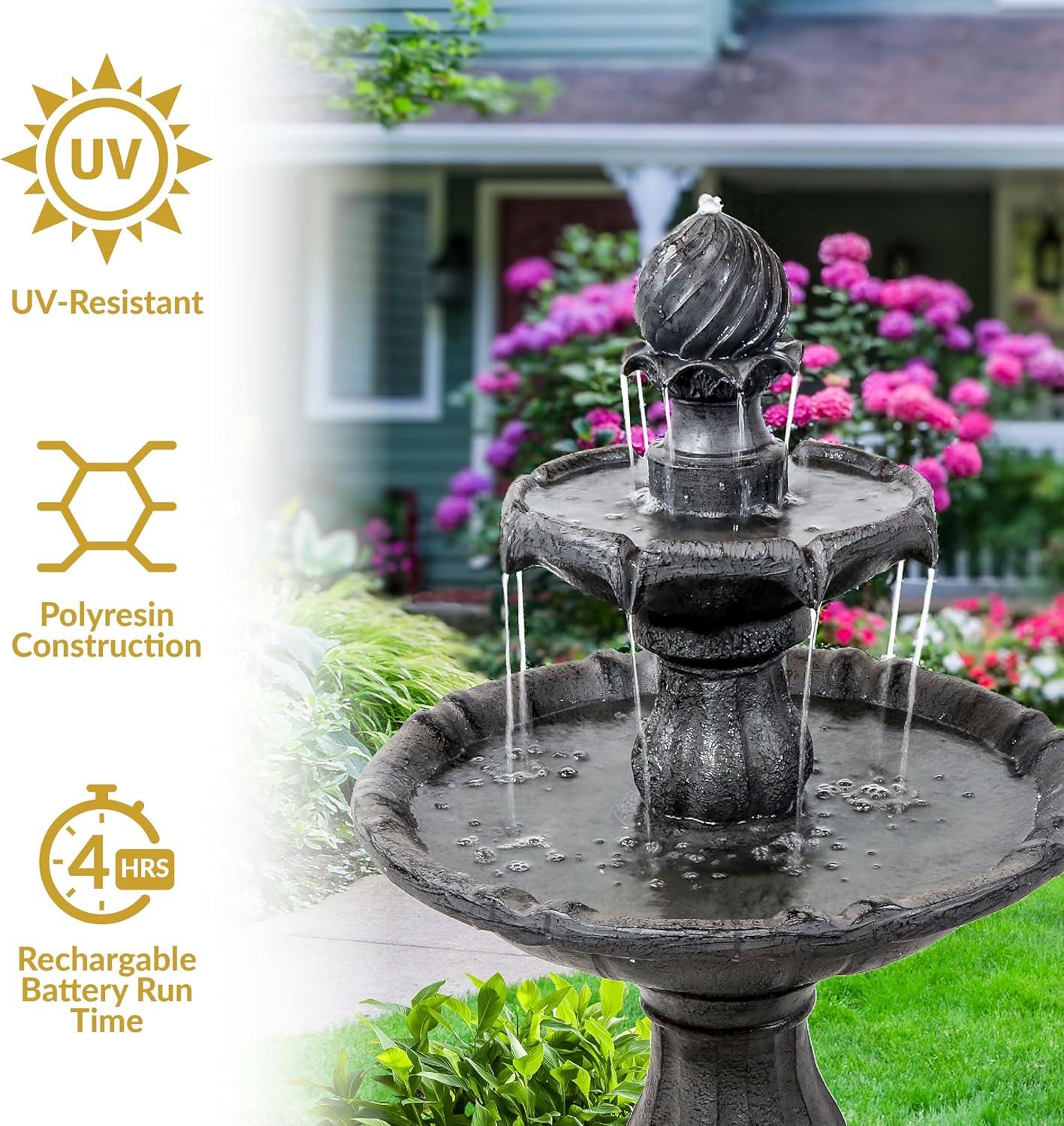 Sunnydaze Outdoor 2-Tier Solar Powered Water Fountain with Battery Backup and Submersible Pump - 35" - Black Earth Finish
