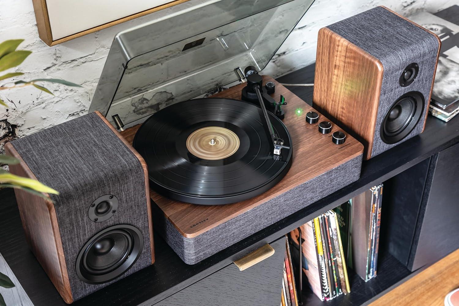 Charcoal and Brown Bluetooth Record Player with Speakers