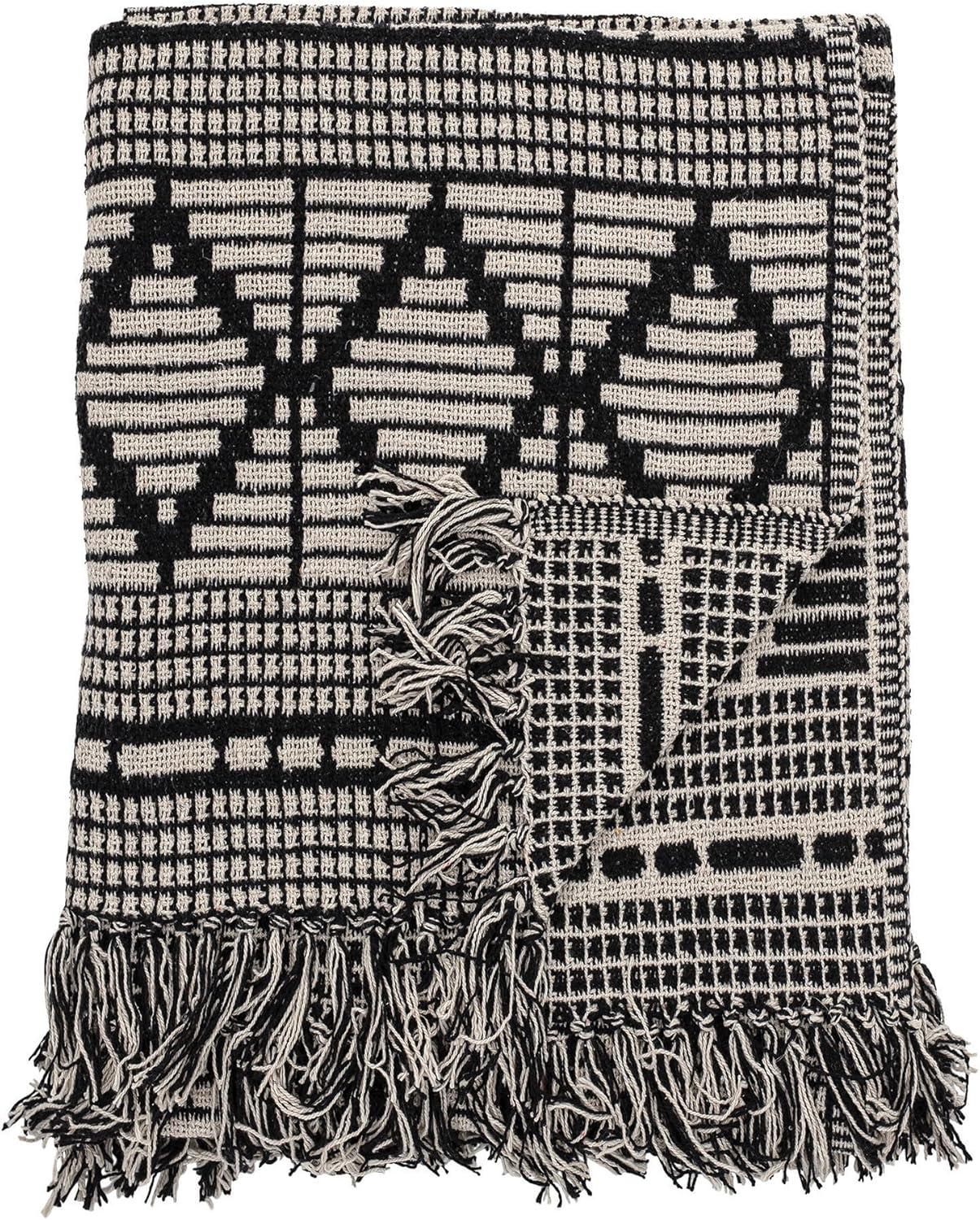 Bloomingville Black & Beige Woven Cotton Blend Blanket with Fringe Throw, Black