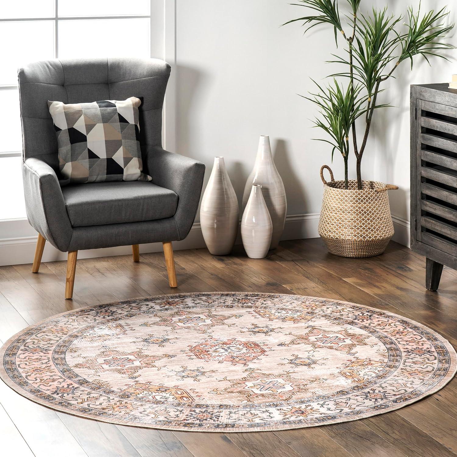 Nuloom Finley Medallion 6 Round Machine Washable Indoor Area Rug for Living Room Bedroom Dining Room Kitchen, Beige/Ivory