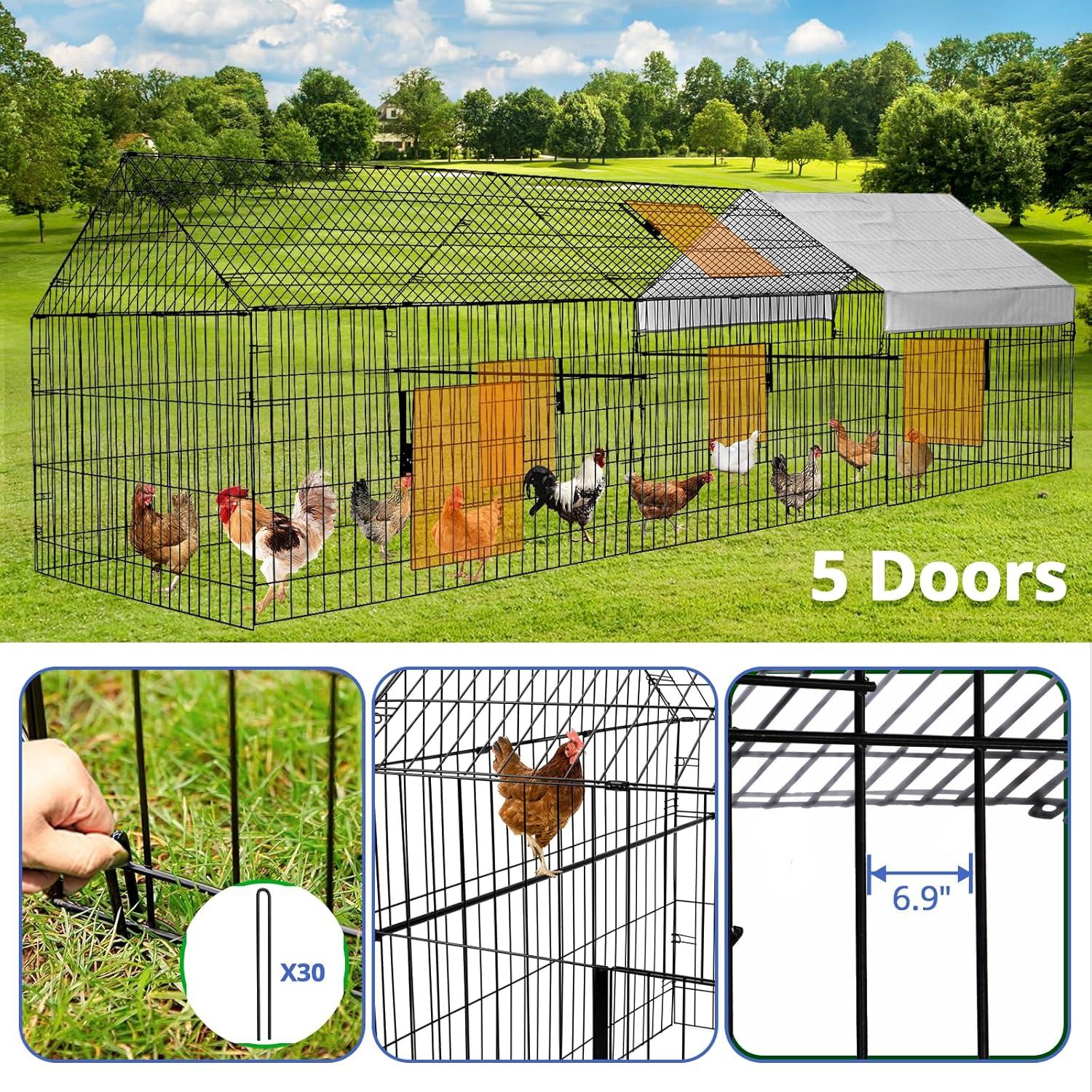 GOTGELIF  Large Metal Chicken Coop 130" x 40" Chicken Cage Hen House with Waterproof Cover