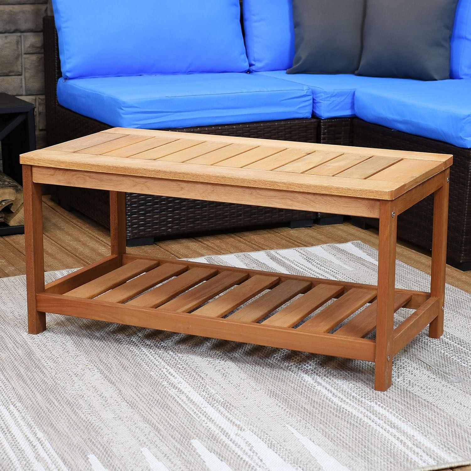 Sunnydaze Outdoor Meranti Wood with Teak Oil Finish Wooden Rectangular Accent Coffee Table - 35" - Brown