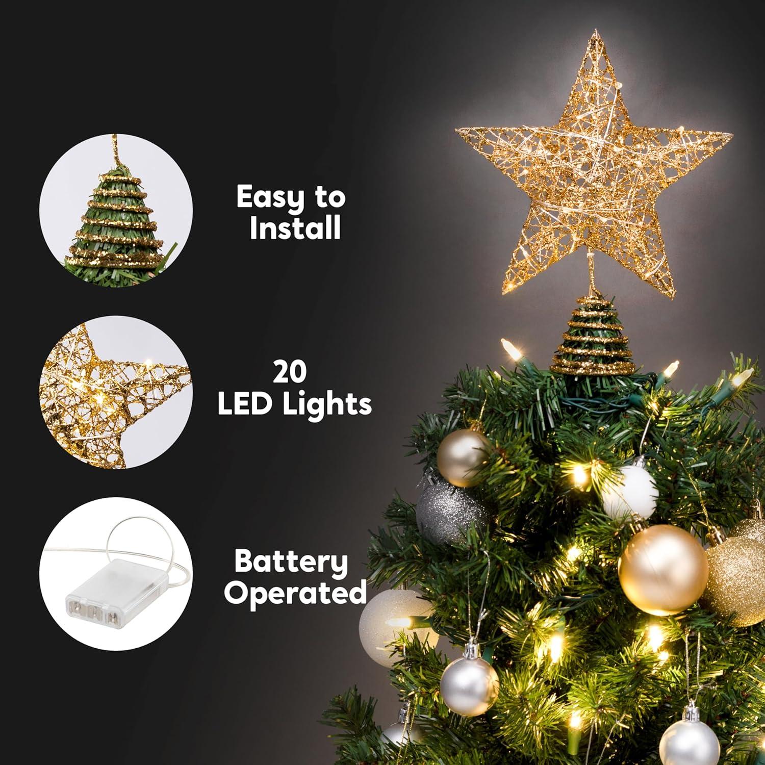 Tree Top Star Ornament Treetop Decor Christmas Glitter Topper Adornment LED Decorations