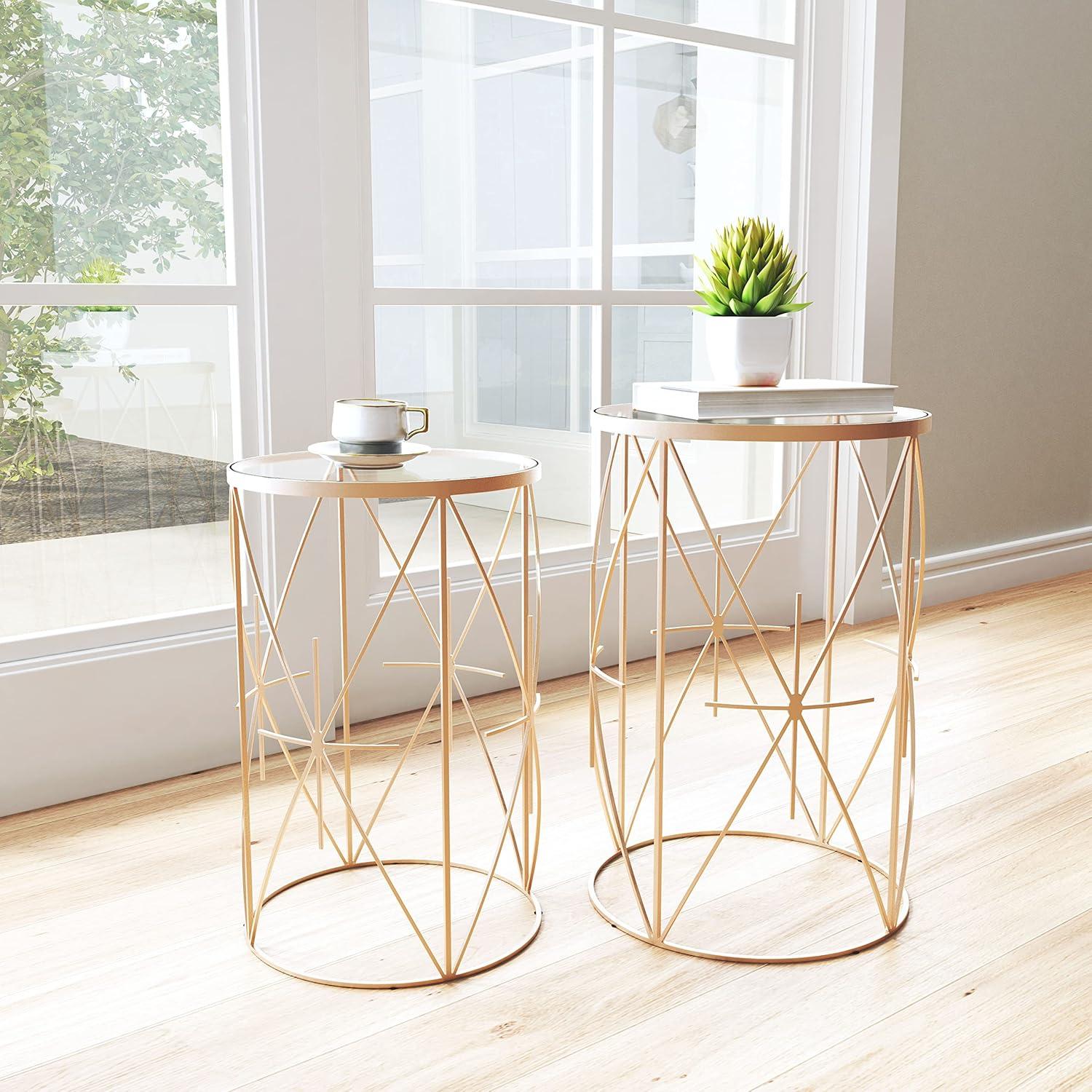 Hadrian Gold Side Table Set 2-Piece Round Tables White Top Modern Decor