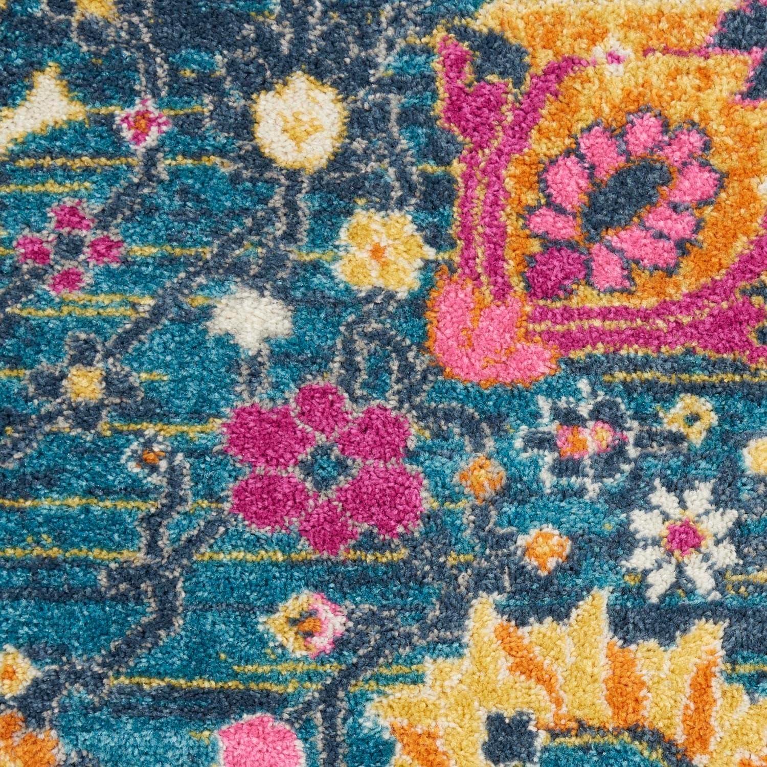 Denim Blue Floral Round Synthetic Area Rug 5'3"