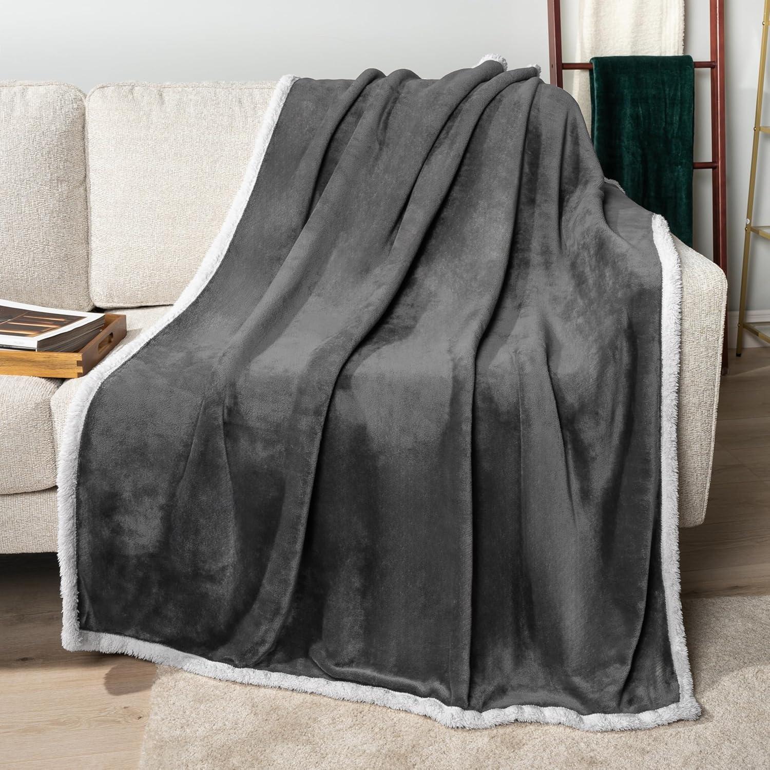 PAVILIA Premium Faux Shearling Fleece Throw Blanket for Bed, Reversible Warm Blanket for Couch Sofa