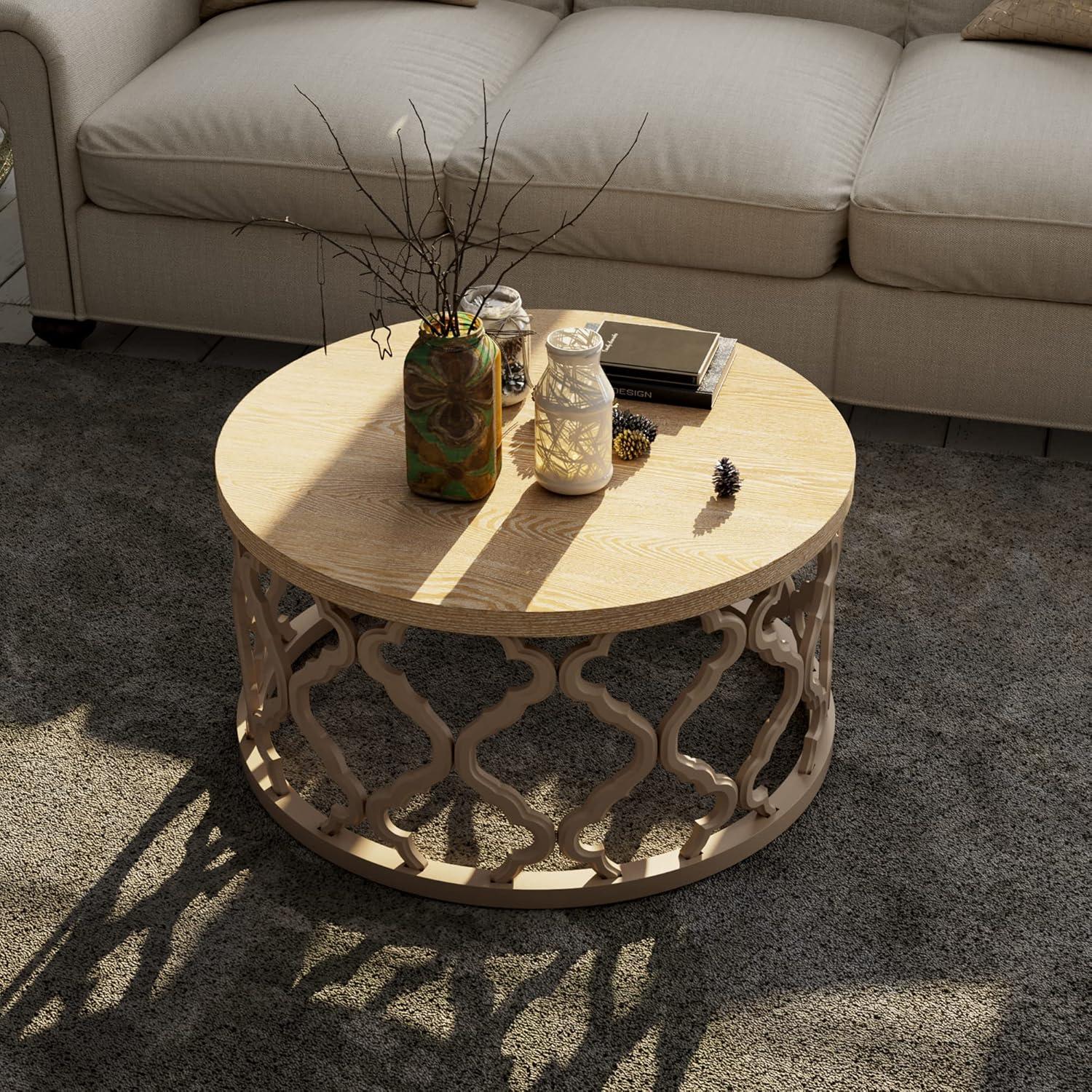 Round Natural Wood Coffee Table with Curved Motif Frame