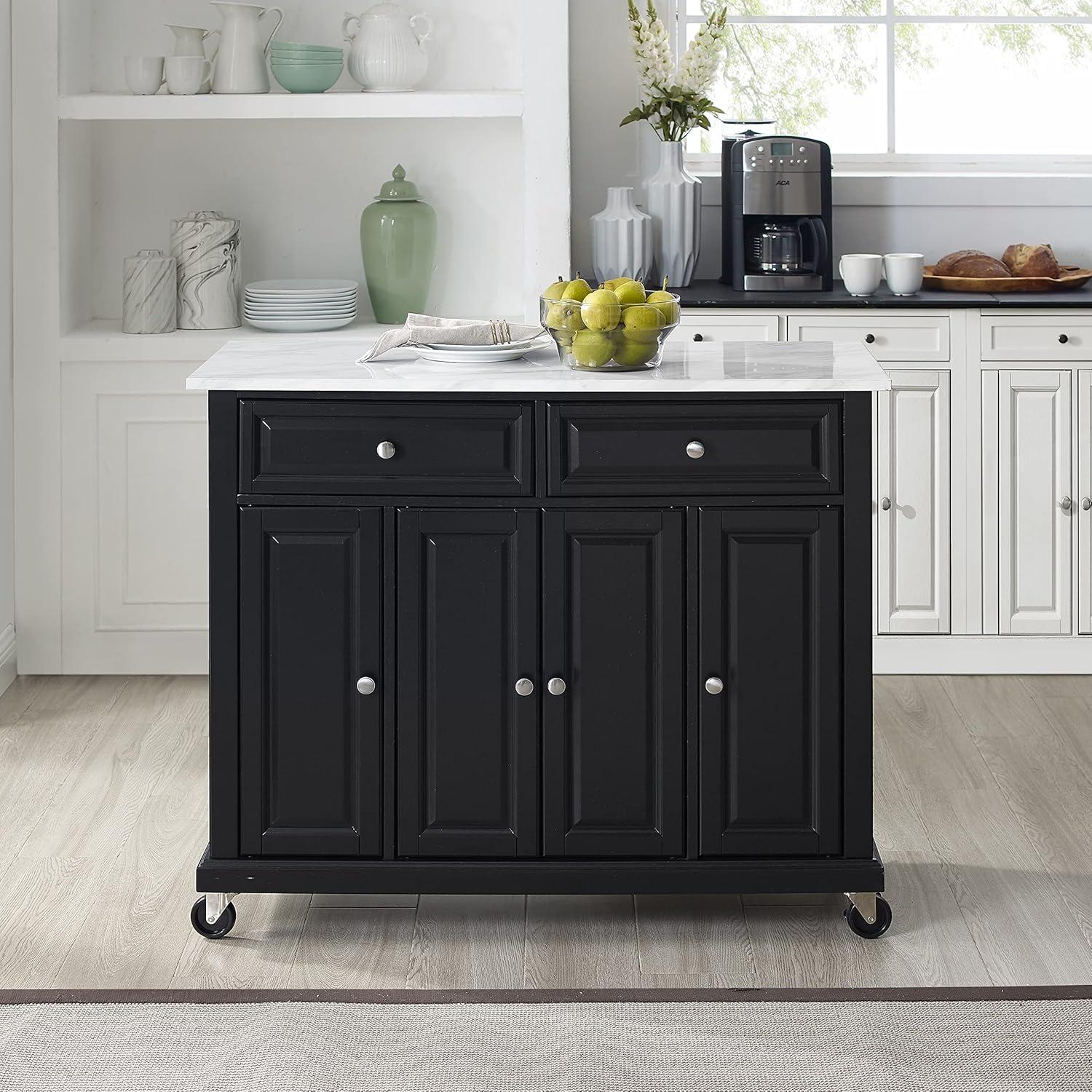 Avery Distressed Black Kitchen Island with Faux-Marble Top