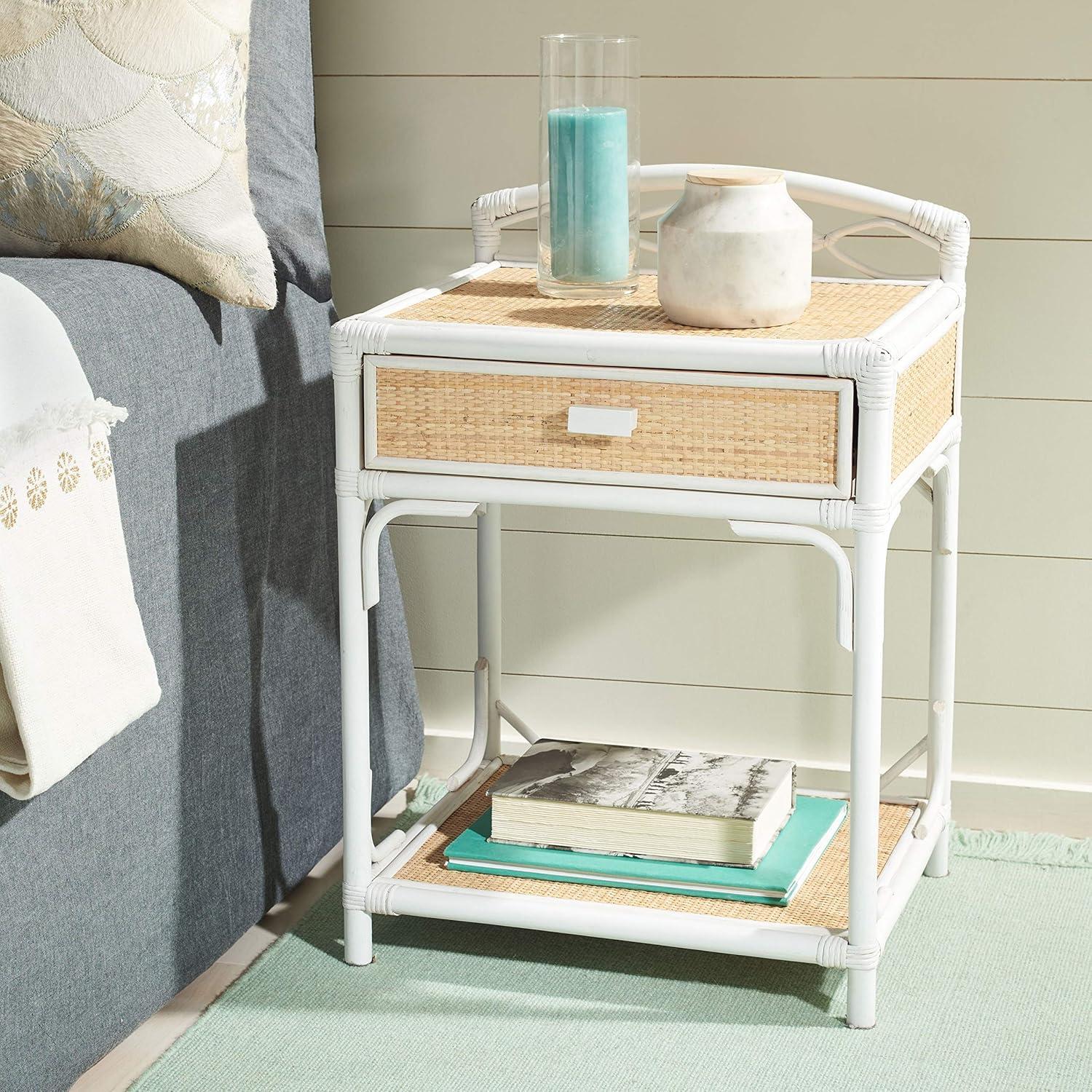 White and Natural Rattan 1-Drawer Nightstand