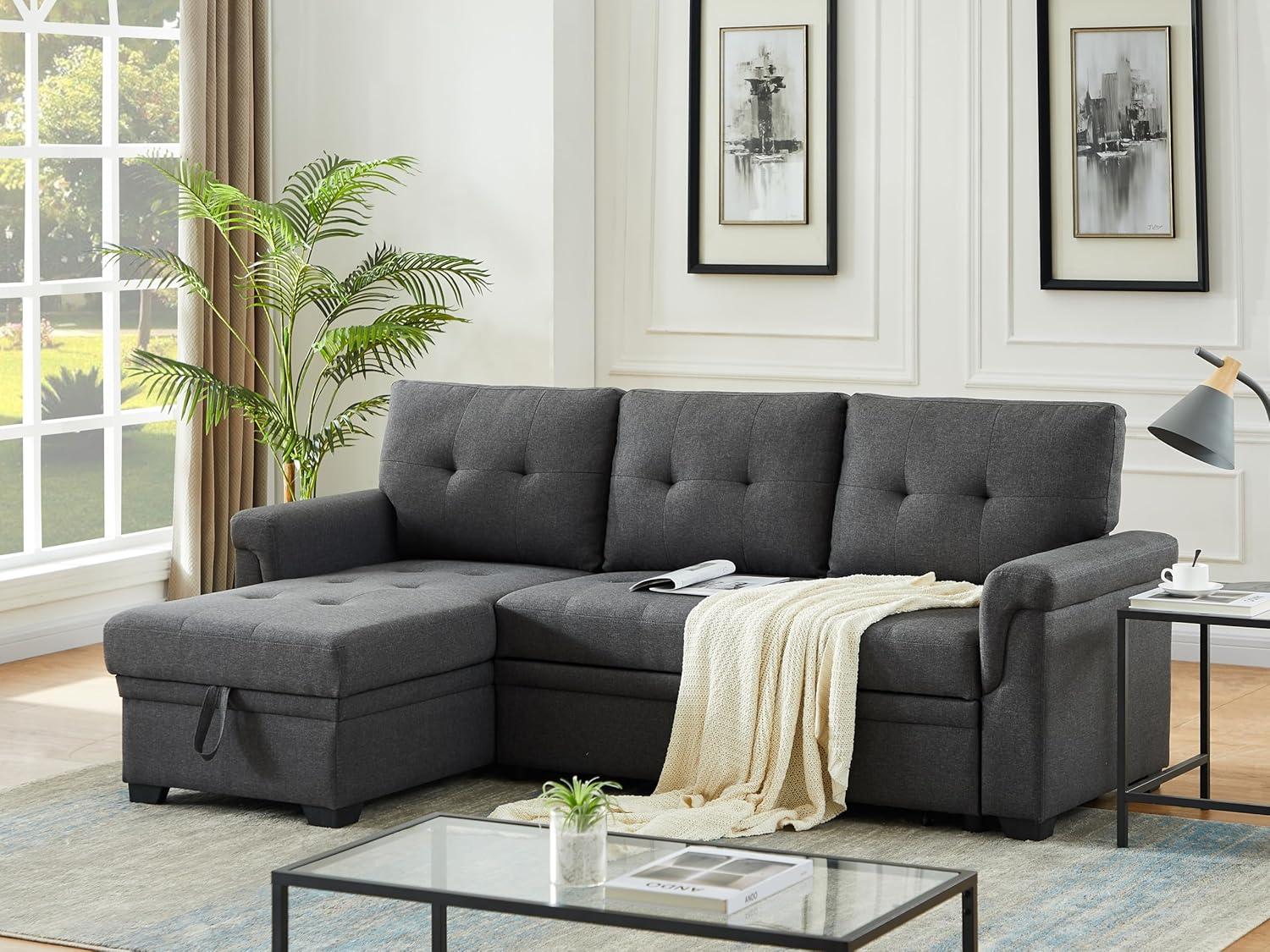 Lucca Dark Gray Linen Tufted Sectional Sofa with Storage Chaise