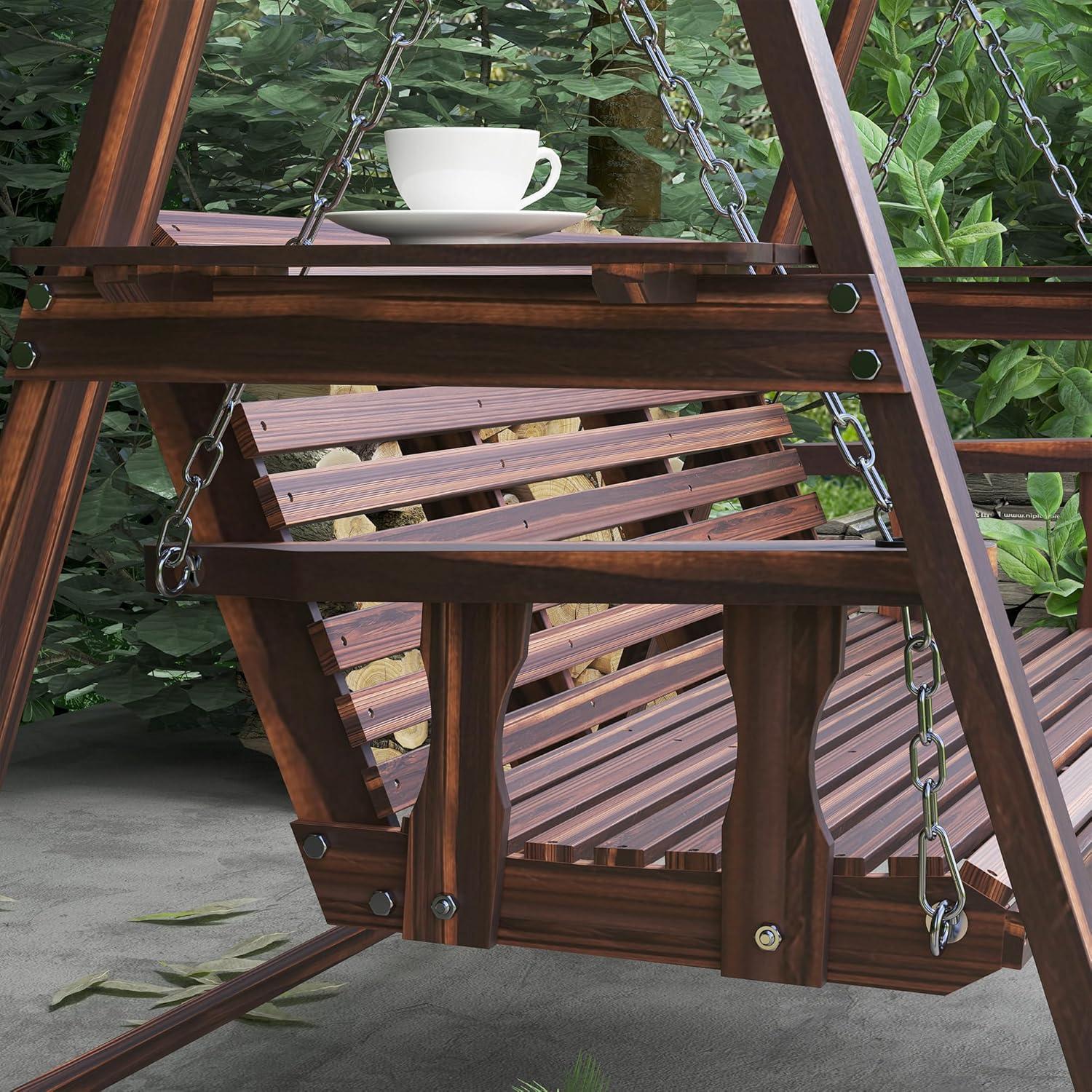 Outsunny 3 Seat Wooden Porch Swing with Stand, Patio Swing Chair with Side Tables, Carbonized Brown