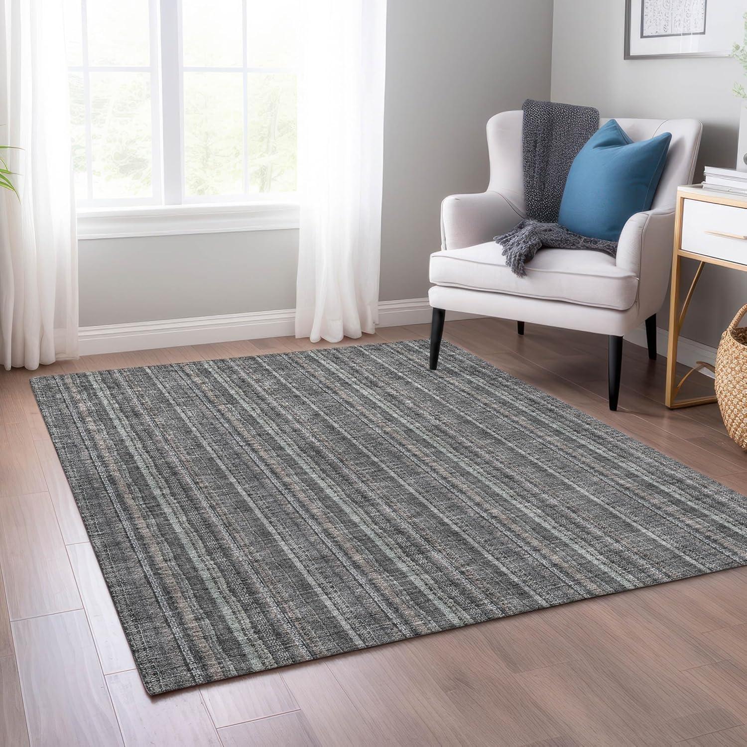 Gray Striped Indoor Outdoor Machine-Washable Area Rug