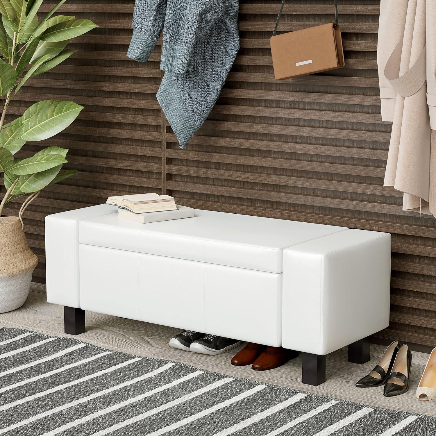 CCBIUOMBO 42\u201D Faux Leather  Ottoman Bench Organizer Chest Rectangular Footstool with Hinged Lid for Living Room  Entryway  or Bedroom - Cream White