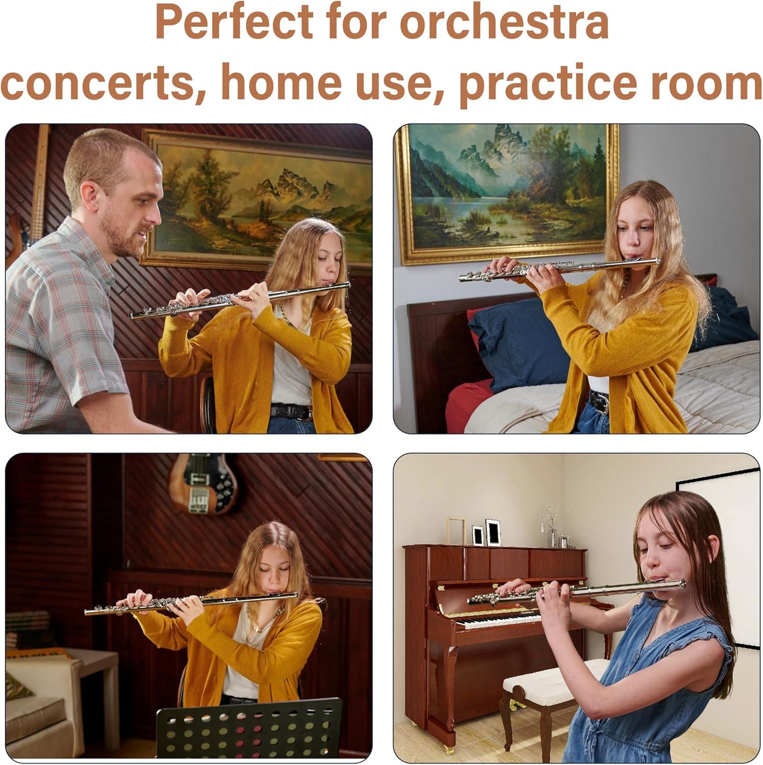 Mendini By Cecilio Flute, 16 Keys C Flute Instrument Closed Hole For Beginners with Carrying Case, Cork Grease, Stand, Lesson Book, Cleaning Kit, Gloves (Black)