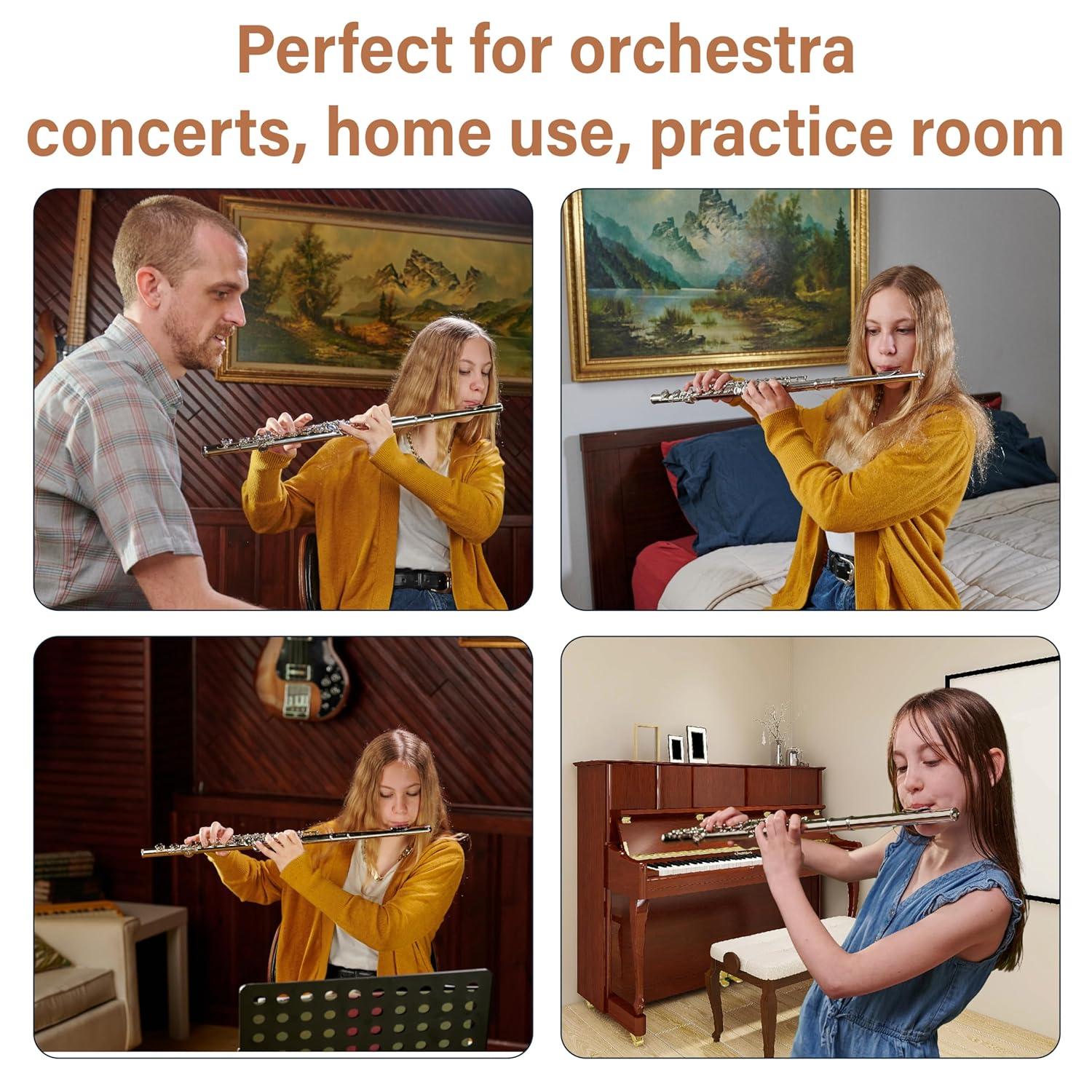 Mendini By Cecilio Flute, 16 Keys C Flute Instrument Closed Hole For Beginners with Carrying Case, Cork Grease, Stand, Lesson Book, Cleaning Kit, Gloves (Black)