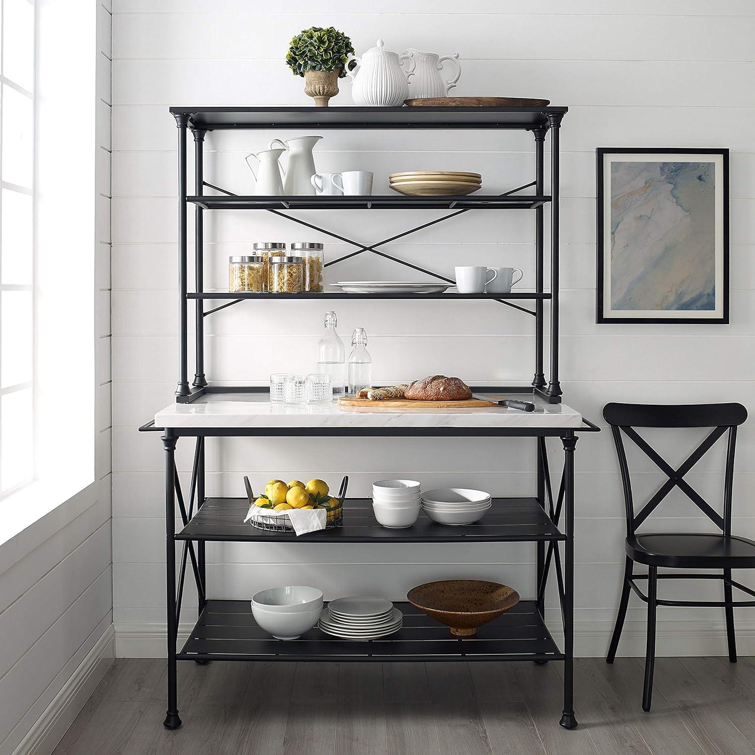 Madeleine Kitchen Island and Hutch Matte Black - Crosley: Veneer Surface, Metal Frame, 6 Open Shelves