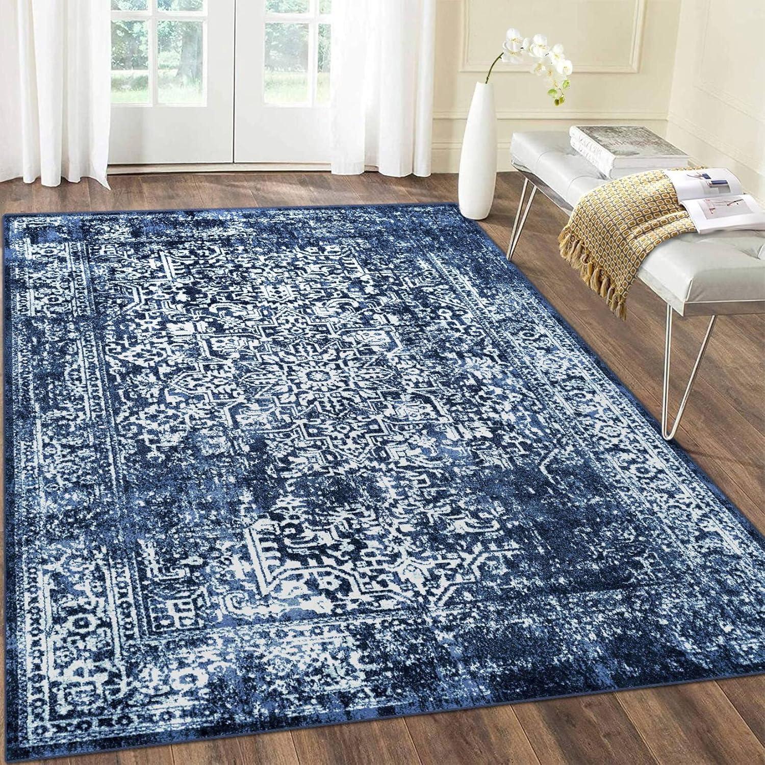 Rugs.com Oregon Collection Rug – 6' x 9' Blue Low-Pile Rug Perfect For Living Rooms, Large Dining Rooms, Open Floorplans