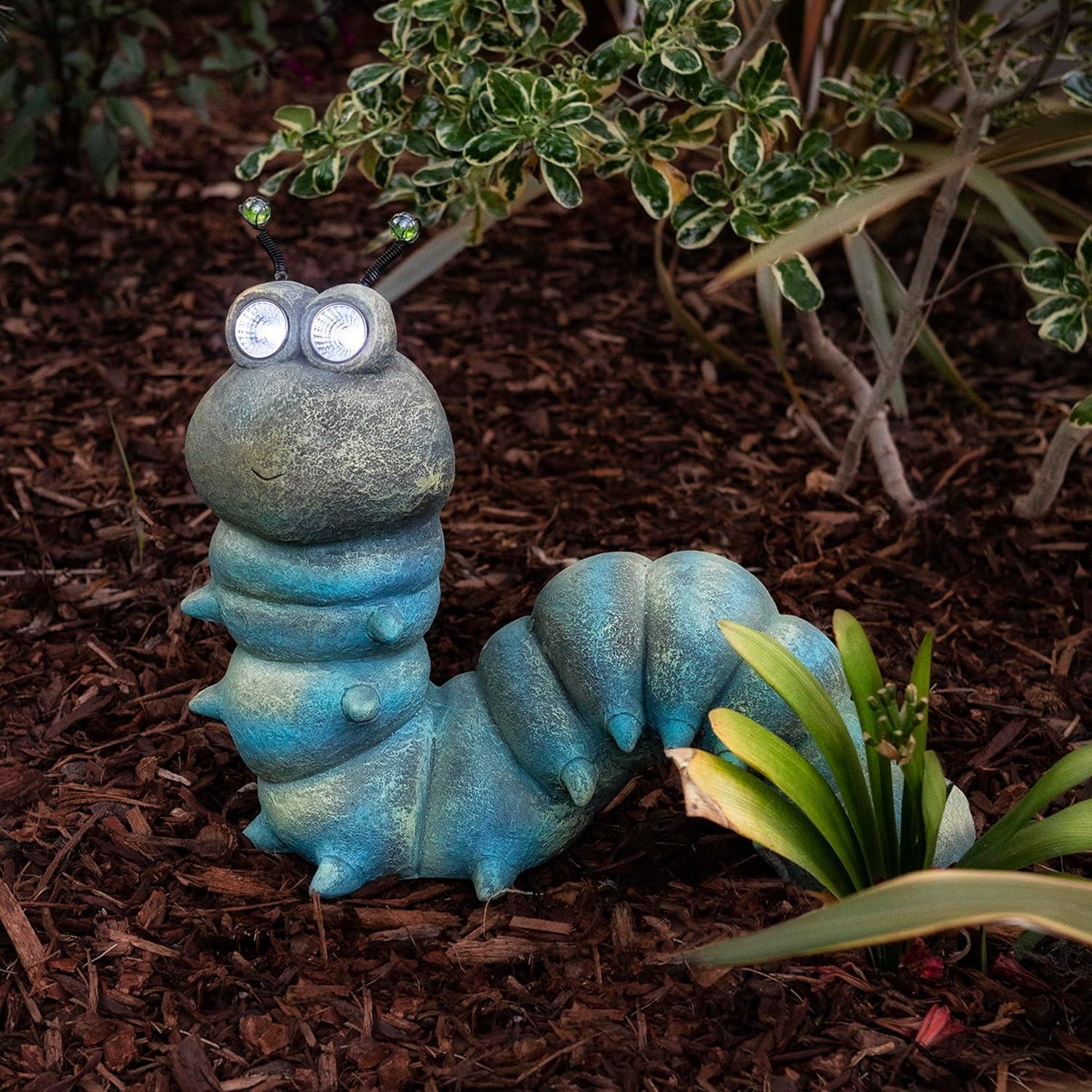 16-inch Green Solar-Powered Caterpillar Garden Statue with LED Eyes