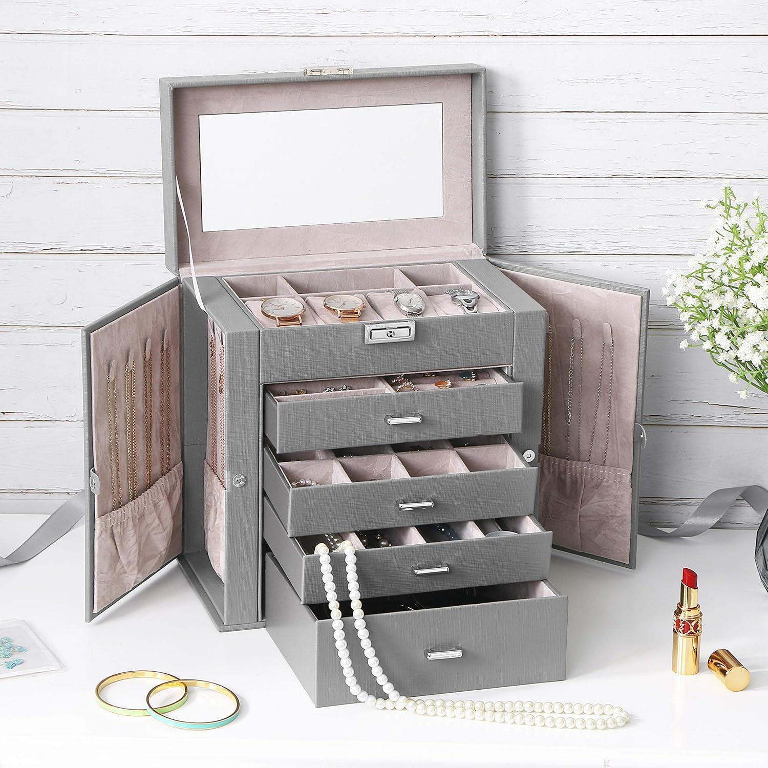 ANWBROAD Jewelry Box 5 Tier Jewelry Storage Organizer Jewelry Case with 4 Drawers with Mirror Lockable Jewelry Boxes for Women Gift for Loved Ones for Your Jewelry Sturdy UJJB003H
