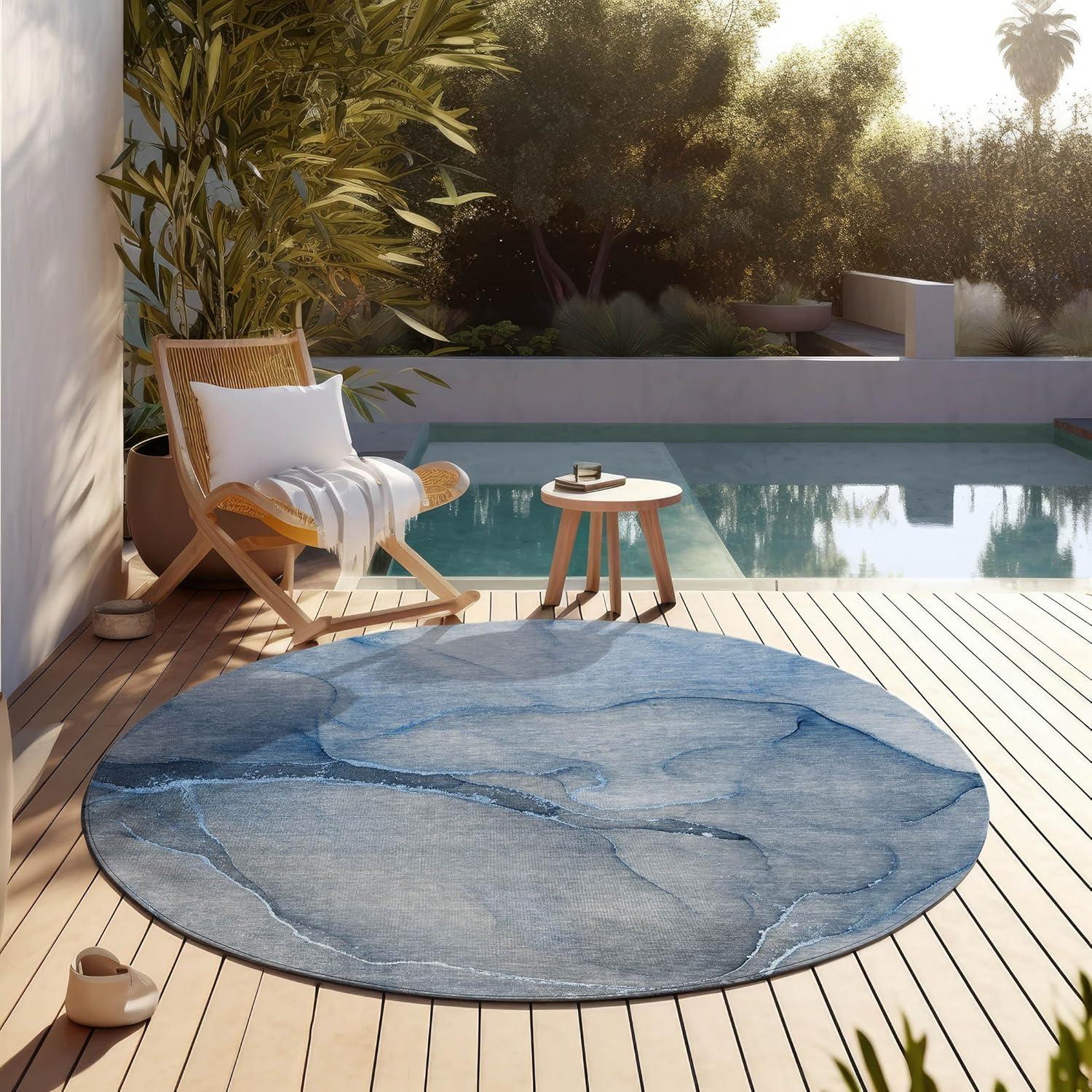 Addison Blue Round Synthetic Washable Area Rug, 8' x 8'