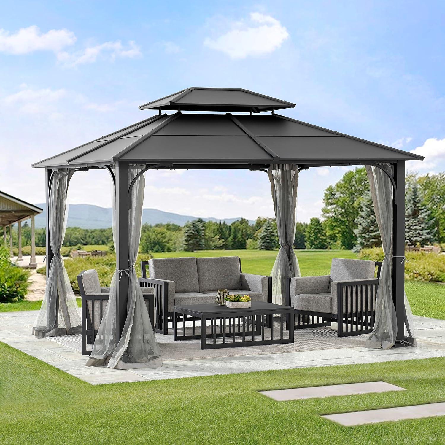 Sunjoy Sunjoy Hardtop Gazebo 10 x 12 ft. Outdoor Gazebo, Heavy Duty Steel Frame Gazebo, Double Roof Metal Gazebo with Ceiling Hook and Removable Netting Sidewalls