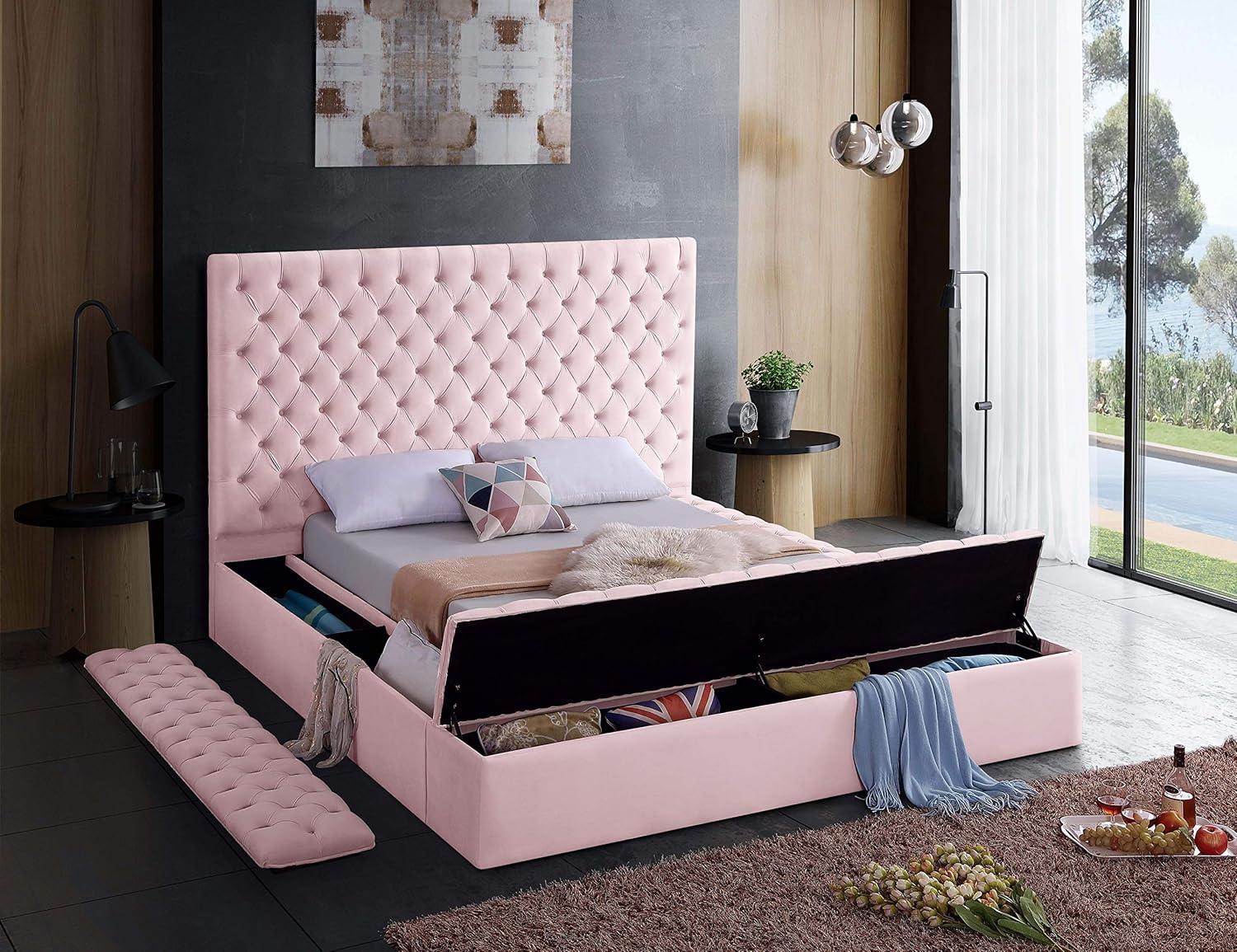 Meridian Furniture Bliss Modern Wood Storage Platform Bed, Queen, Pink