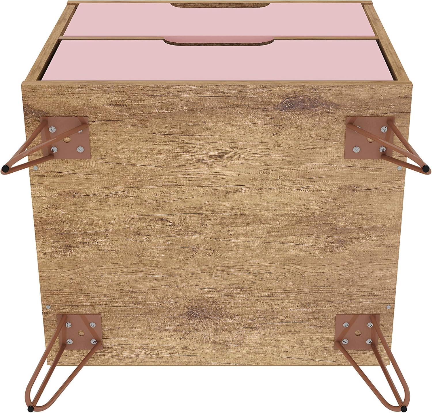 2.0 Rockefeller Nightstand Natural/Rose Pink - Manhattan Comfort: Modern MDF Bedside Storage with Metal Glides