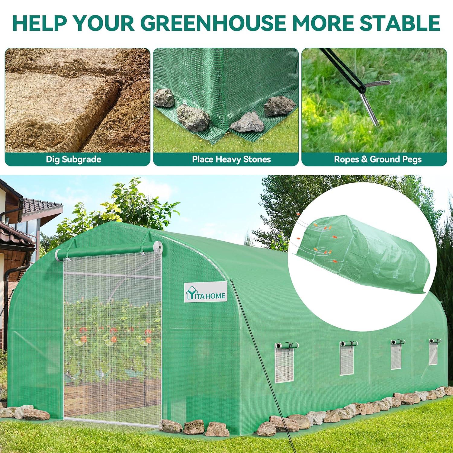 YITAHOME 20x10x6.5ft Greenhouse Large Heavy Duty Tunnel Green Houses Outdoor Plant Gardening Upgraded Galvanized Steel Frame Zipper Doors 7 Crossbars Garden, Green