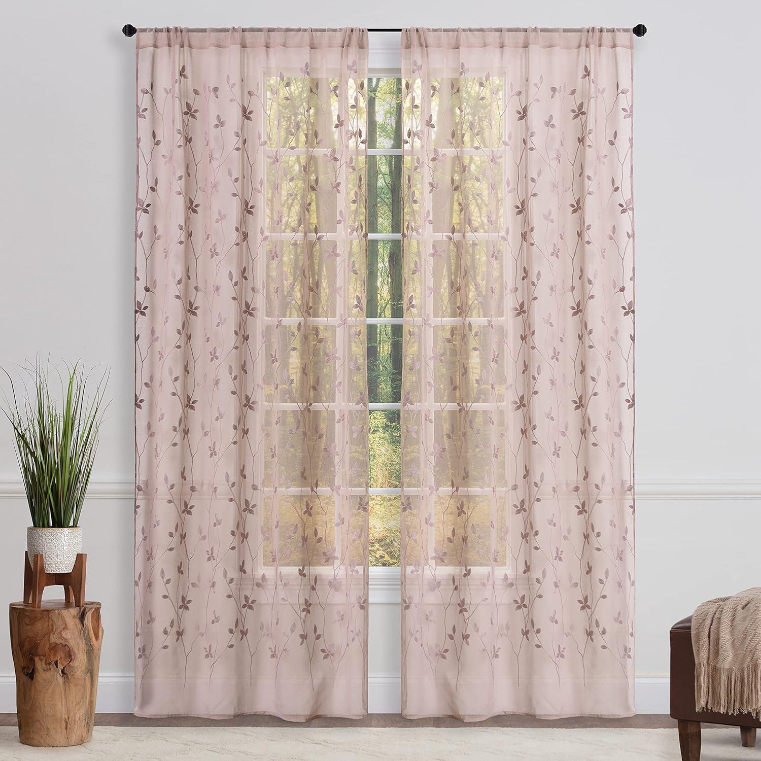 Chanasya 2pk Embroidered Vine Sheer Window Curtain Panels - Set of 2 - 52 x 96 Inches Long - Rose Dust