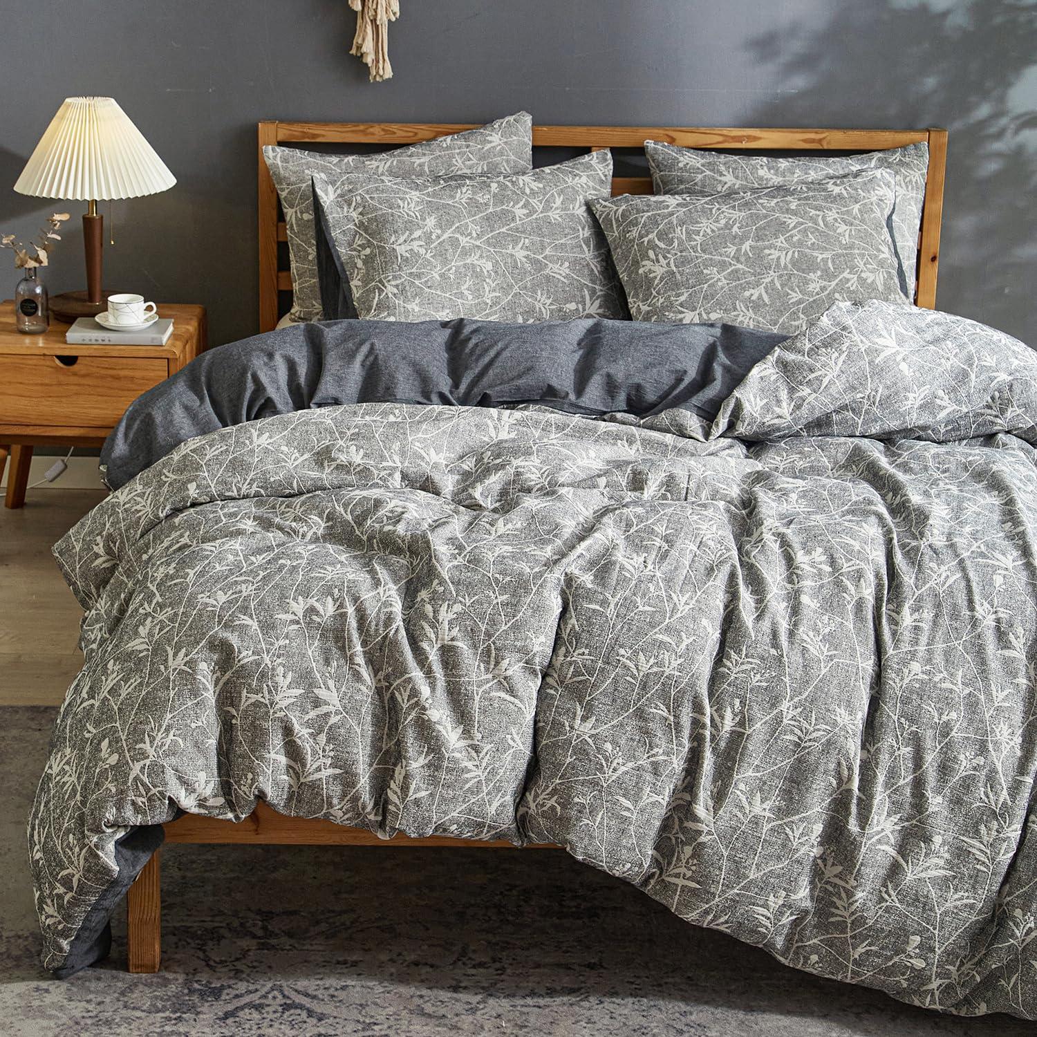 Ivellow Linen Cotton Blend Duvet Cover Set Queen - Jaquard Floral Textured Ultra Soft Breathable Grey Botanical Garden Flower Leaves Branch Bedding Set 3 Pcs