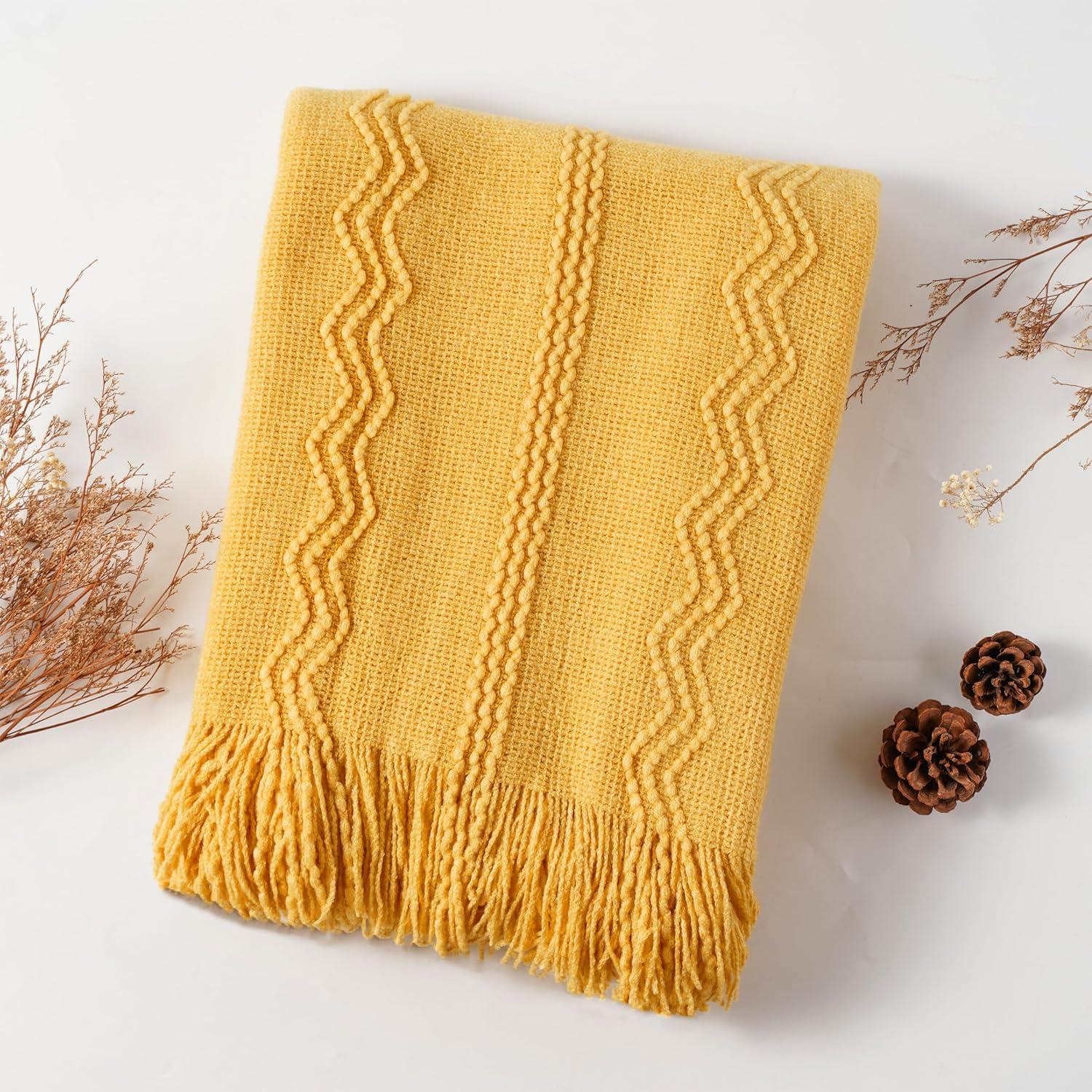 Battilo Throw Blanket, Knitted Yellow Geometric Throws, 50" x 60"