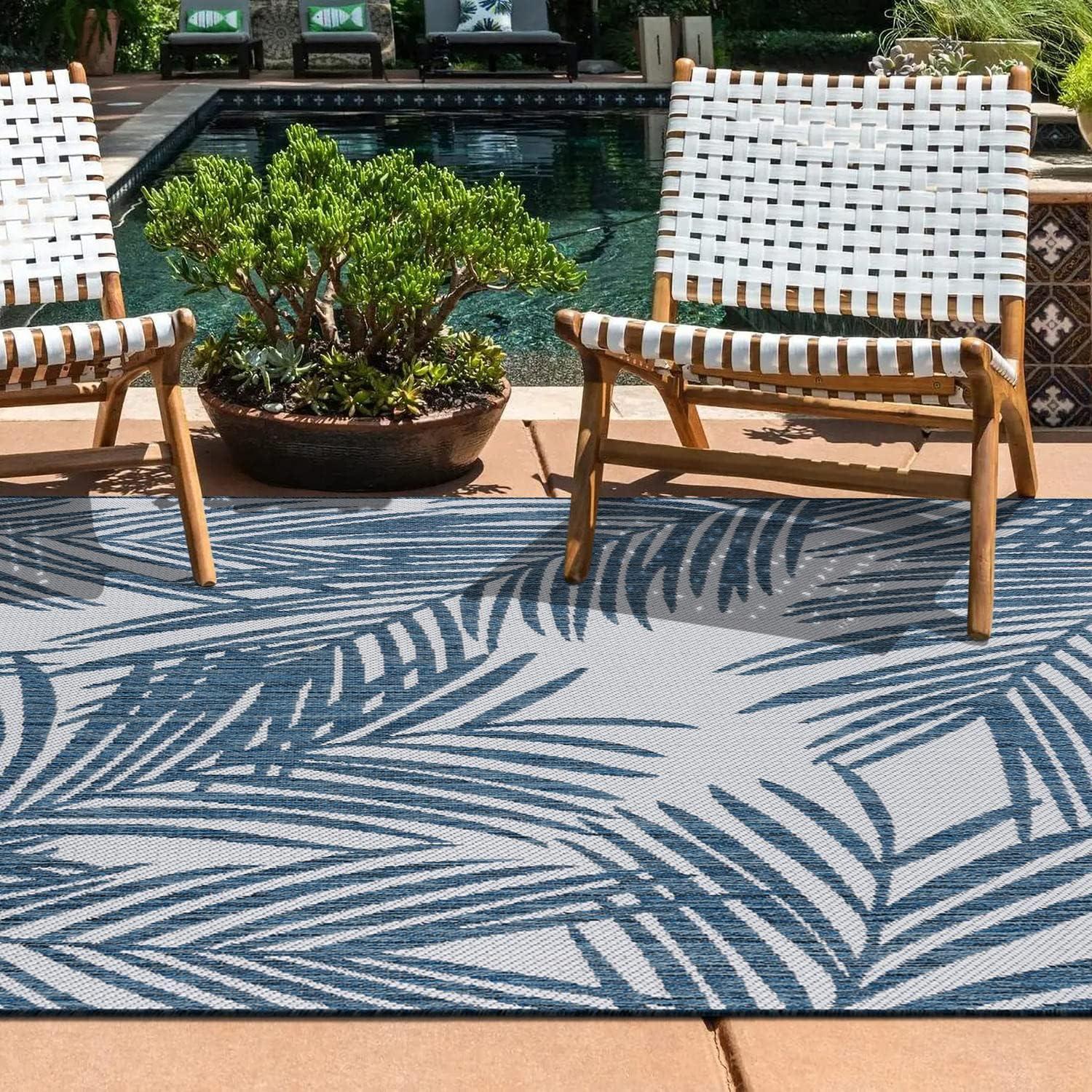 World Rug Gallery Contemporary Distressed Leaves Textured Flat Weave Indoor/Outdoor Area Rug - NAVY 7'10"X10'