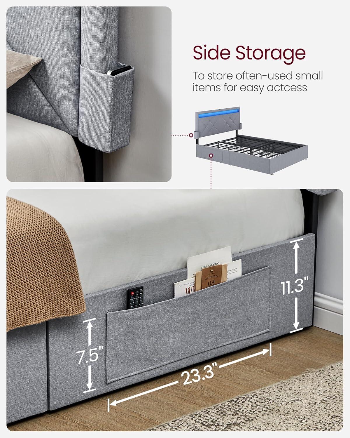Queen Size LED Bed Frame with Headboard and 4 Drawers Storage Adjustable Upholstered Headboard 1 USB Port and 1 Type C PortNo Box Spring Needed Light Grey