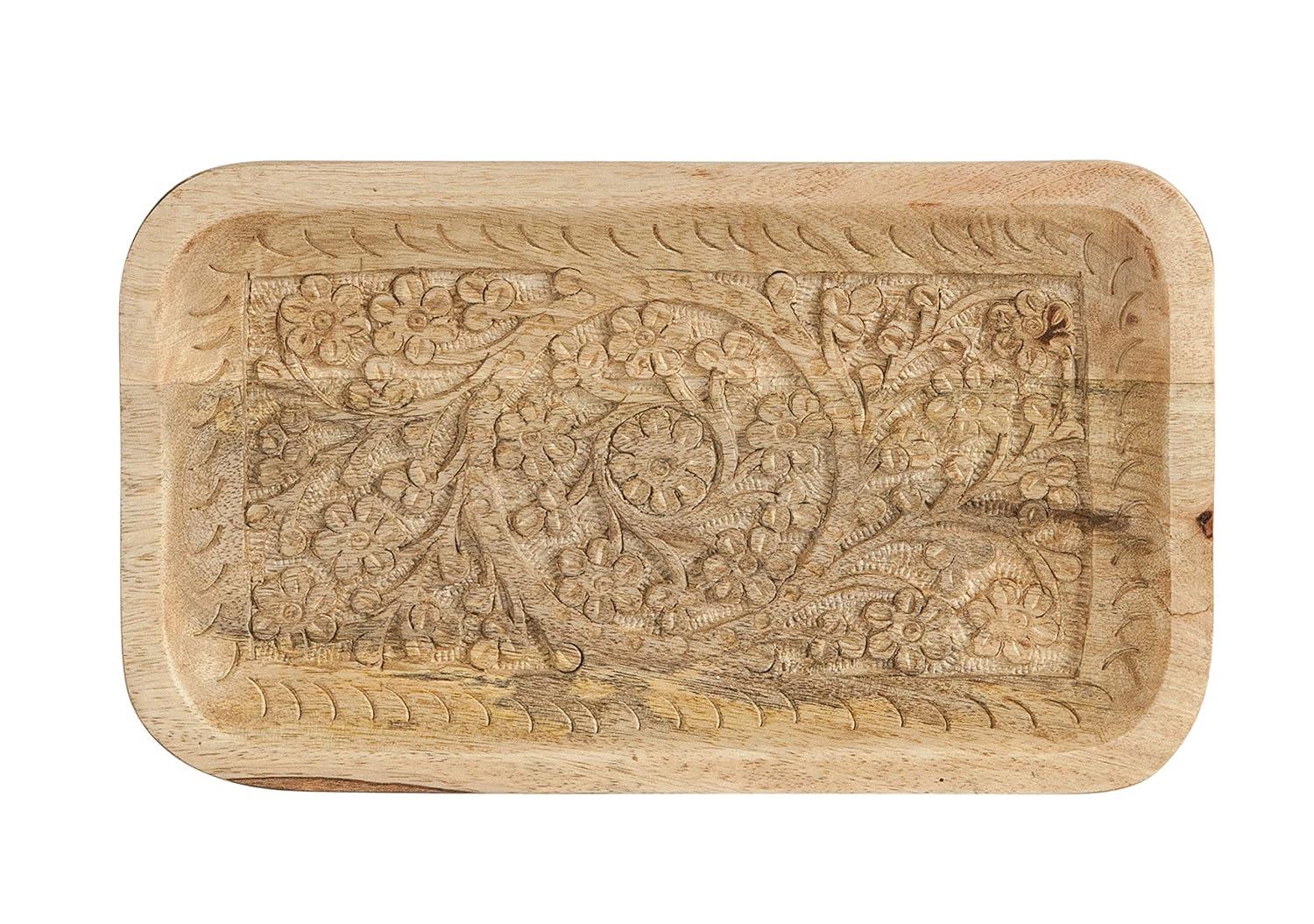 Creative Co-Op Handcarved Mango Wood Tray with Intricate Floral Designs