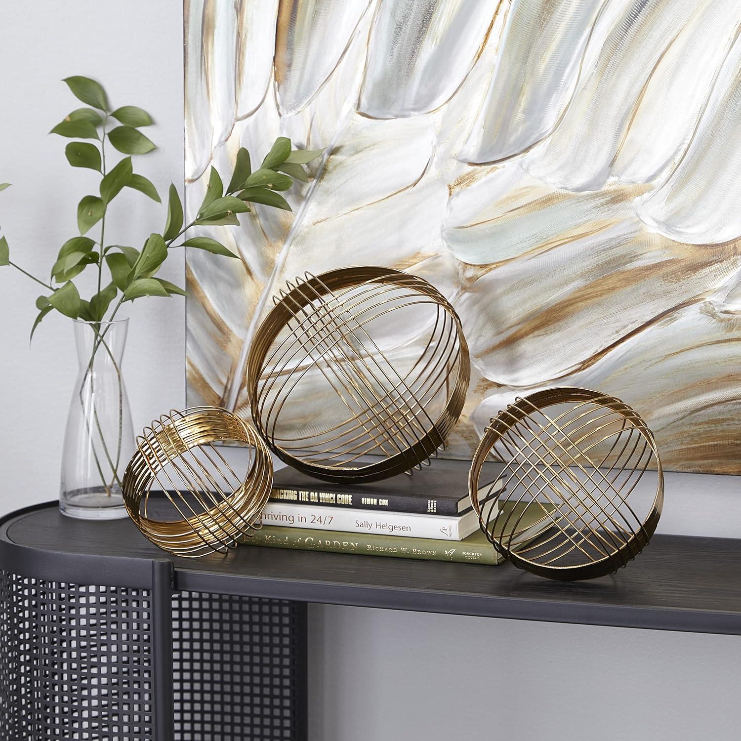 Gold Metal Geometric Wire Orb Sculptures, Set of 3