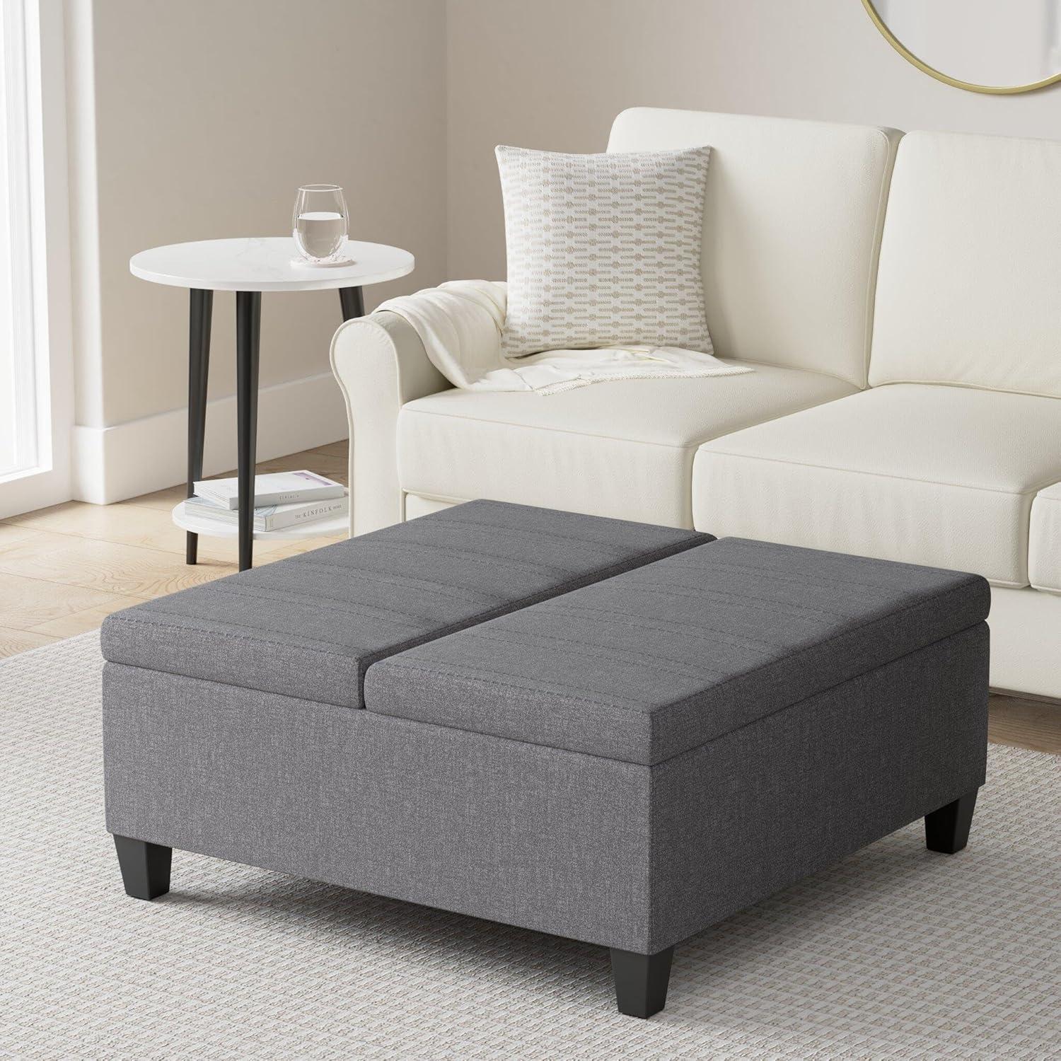Simpli Home Ellis 36"W Upholstered Square Coffee Table Storage Ottoman with Split Lift Top