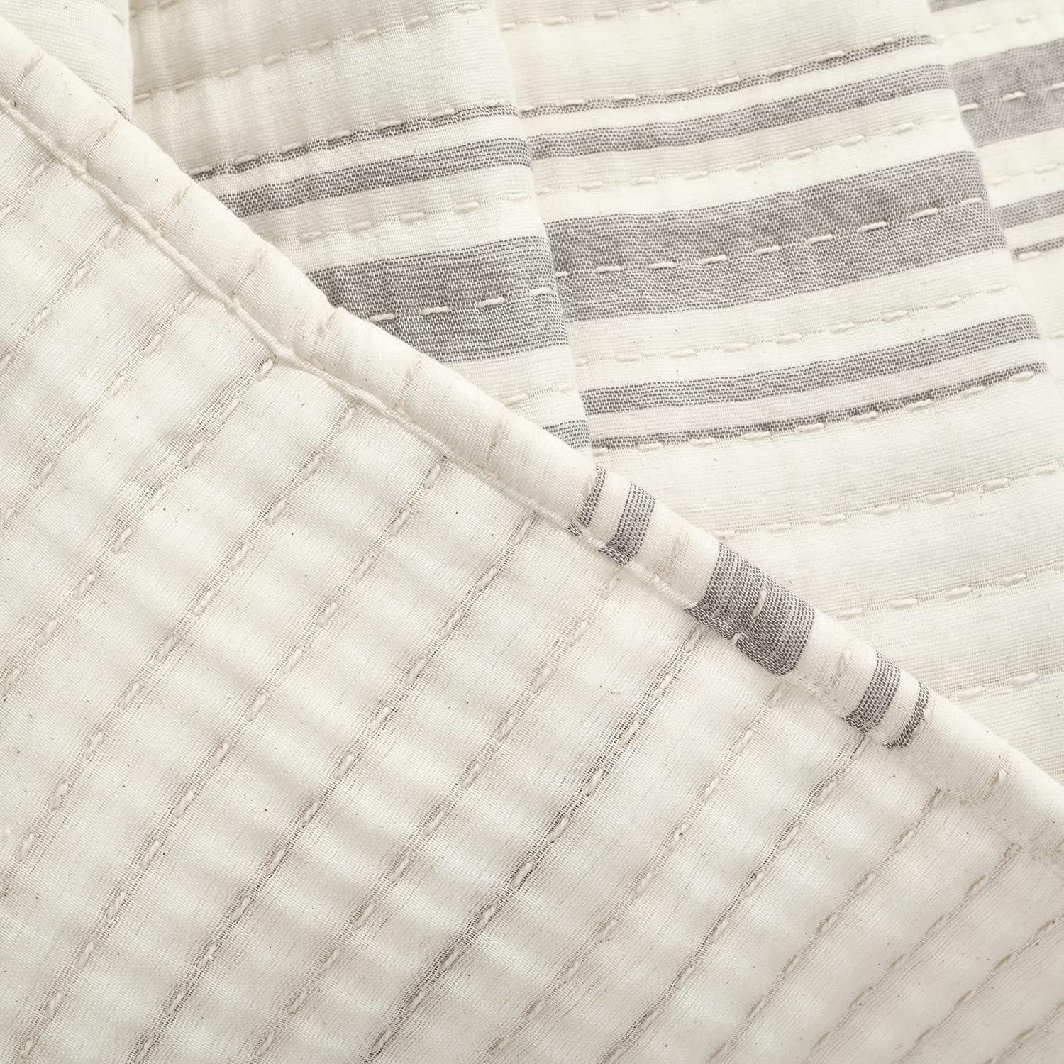 Full/Queen Farmhouse Stripe Kantha Pick Stitch Yarn Dyed Cotton Woven Single Quilt/Coverlet Gray - Lush Décor