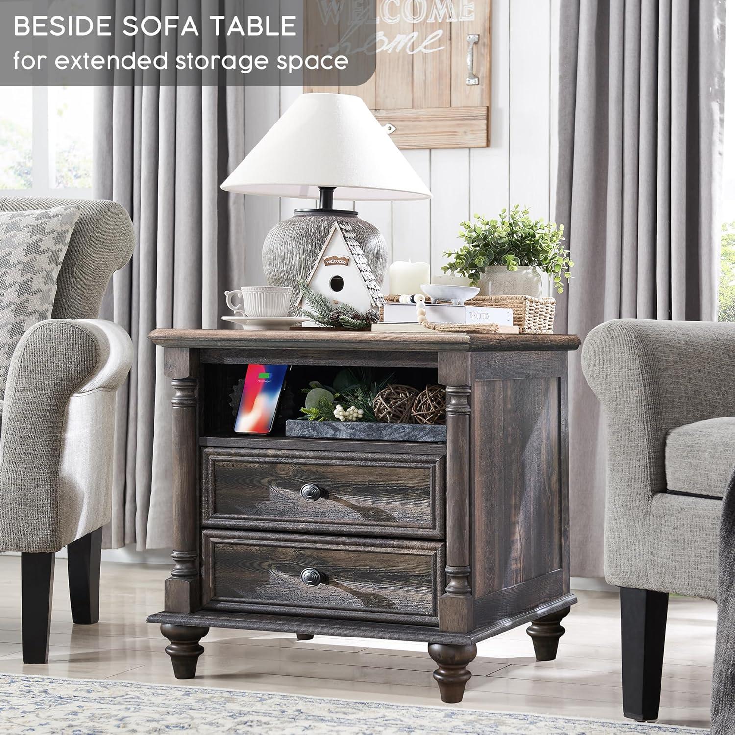 OKD Rushville Farmhouse 2 - Drawers Nightstand with Charging Station, Tall Rustic Wood Square End Table with Open Shelf