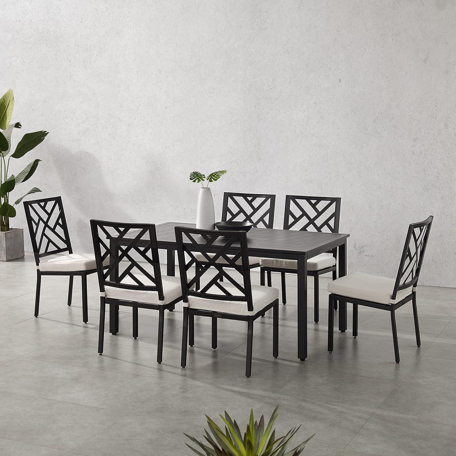 Locke 7-Piece Black Steel Outdoor Dining Set with Cream Cushions