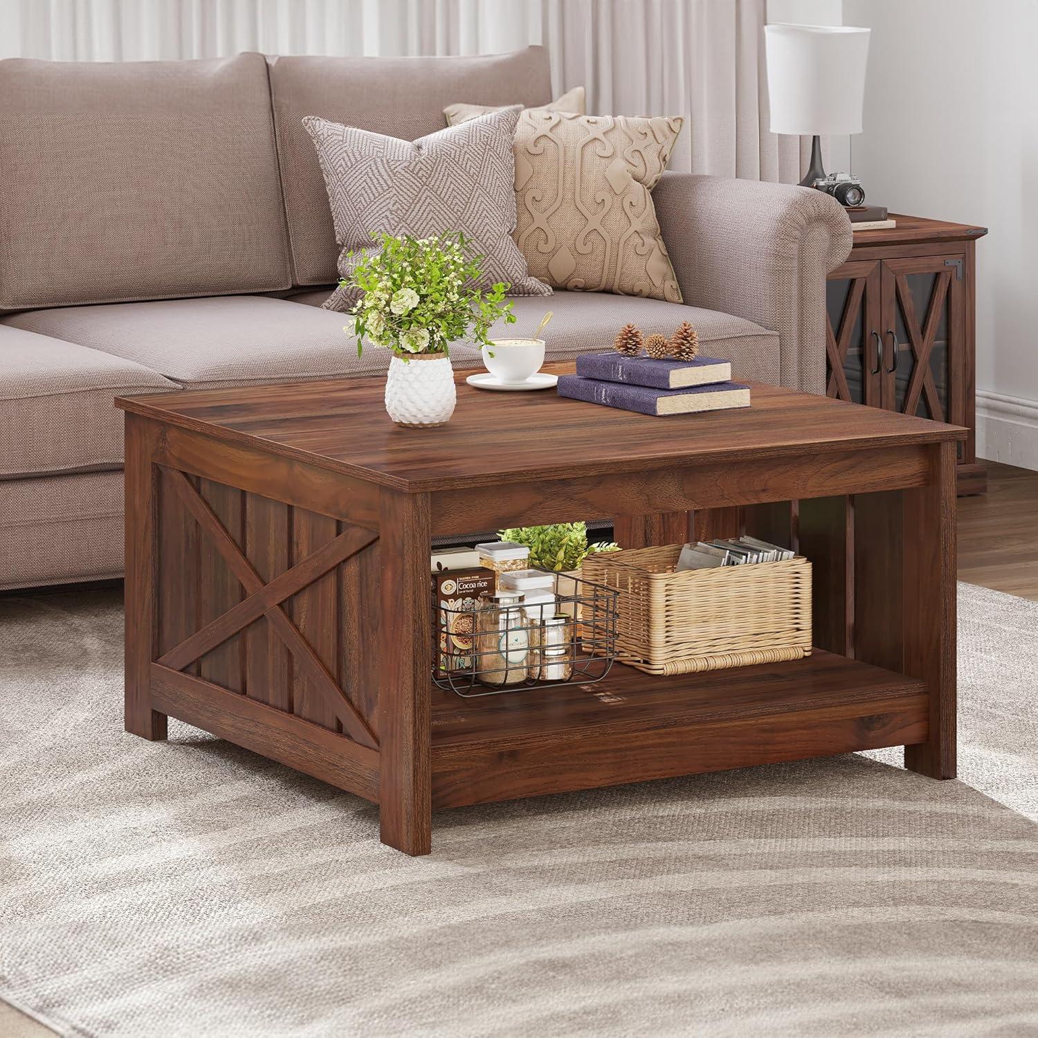 Square Rustic Wood Coffee Table with Storage