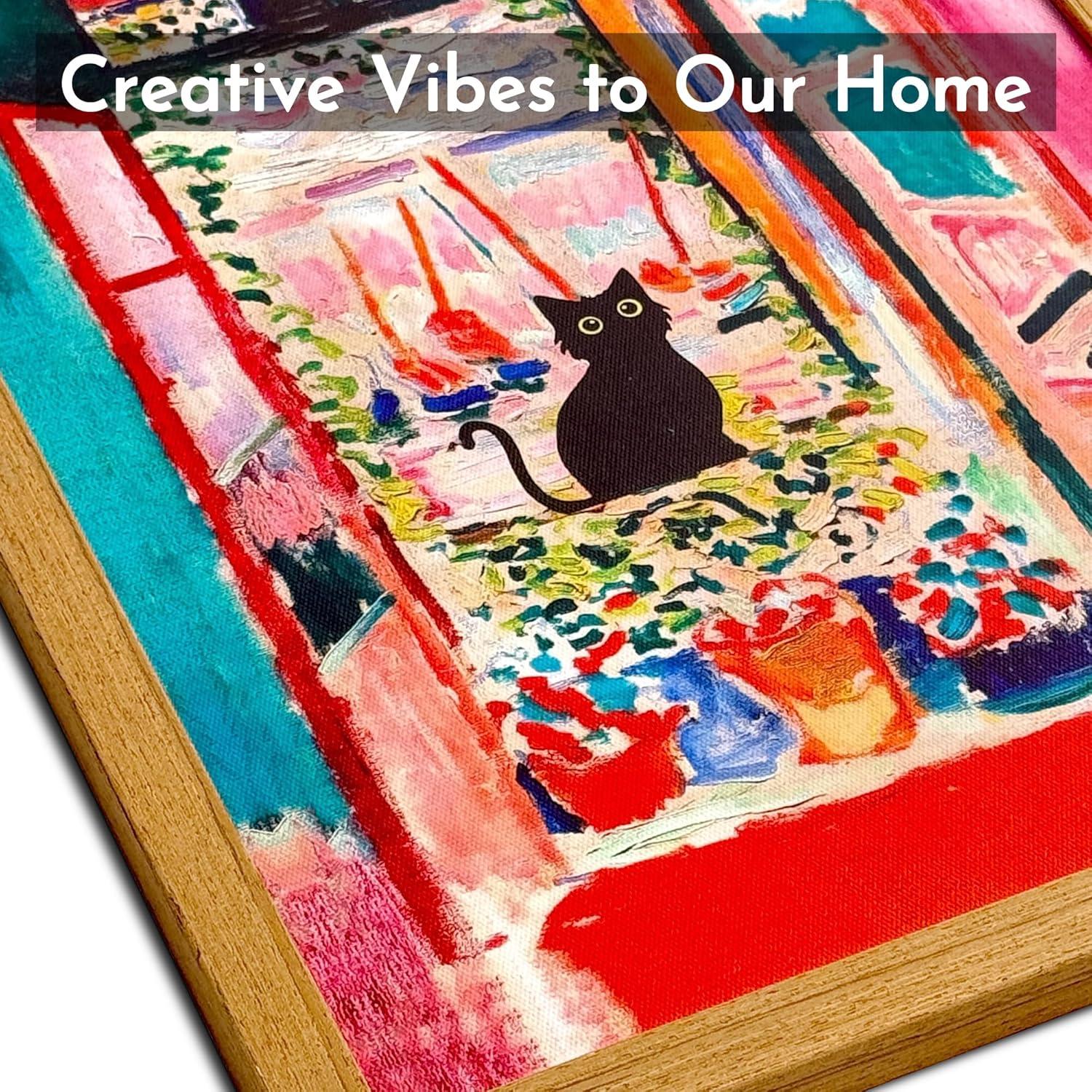Henri Matisse Oil Paintings on Canvas Wall Art Matisse Famous Open Window Black Cat Poster Funny Cat Floral Print Colorful Farmhouse Gallery Aesthetic Room Decor for Bedroom Bathroom 12x16in Unframed