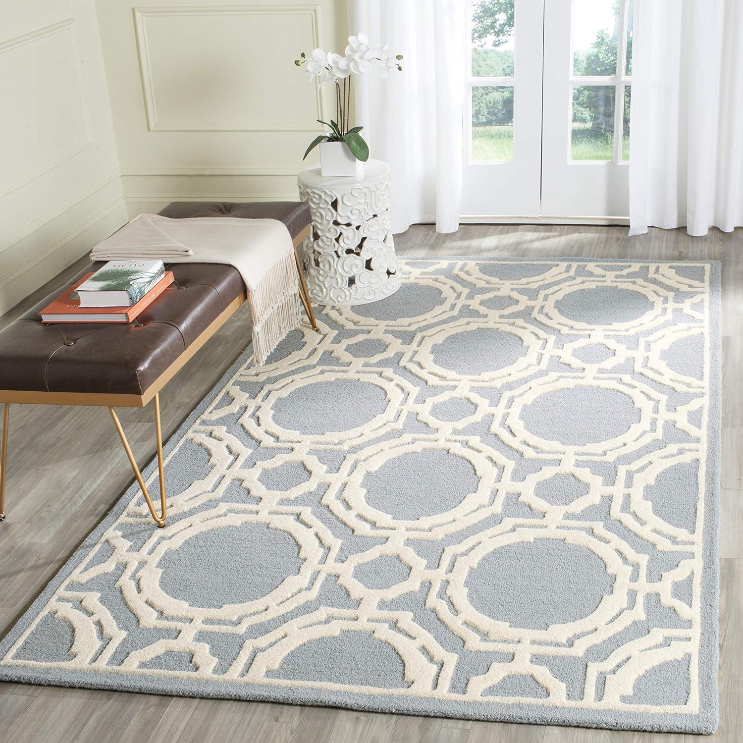 Cambridge Classic Geometric Blue Ivory Hand-Tufted Wool Rug 5' x 8'